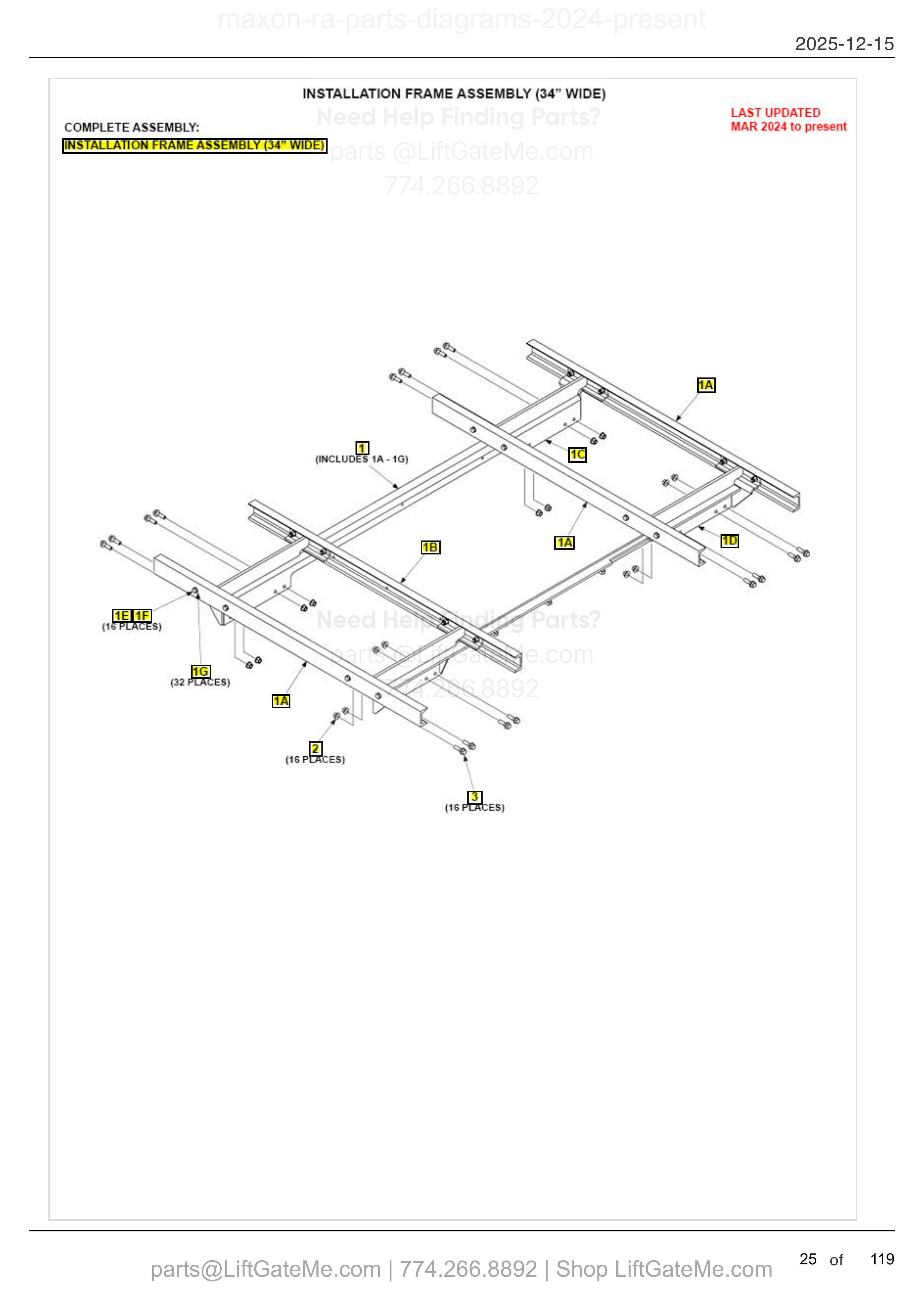 INSTALLATION FRAME ASSEMBLY (34” WIDE) diagram