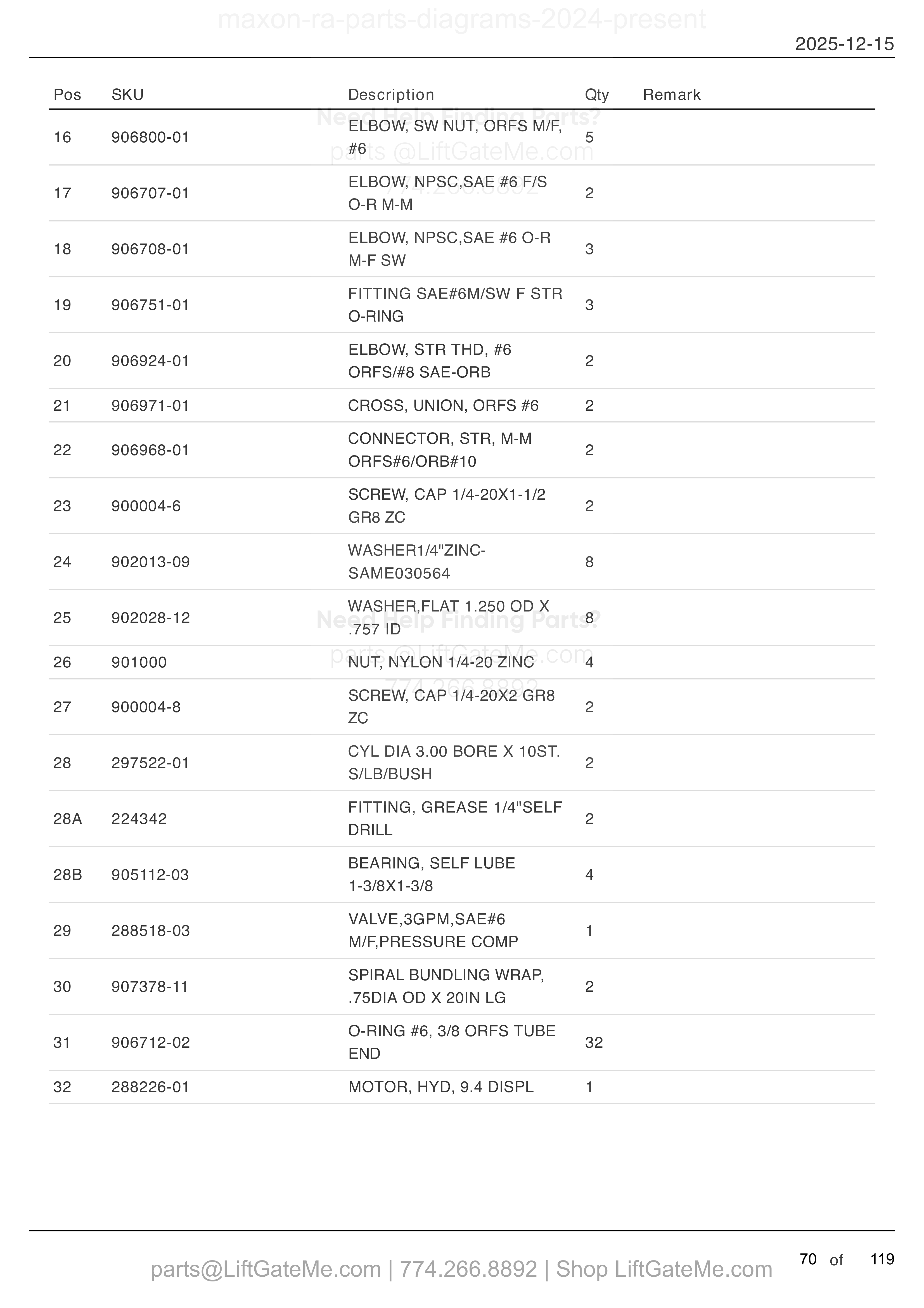HYDRAULIC SYSTEMS - POWER DOWN (CENTER MOUNT PUMP) parts table
