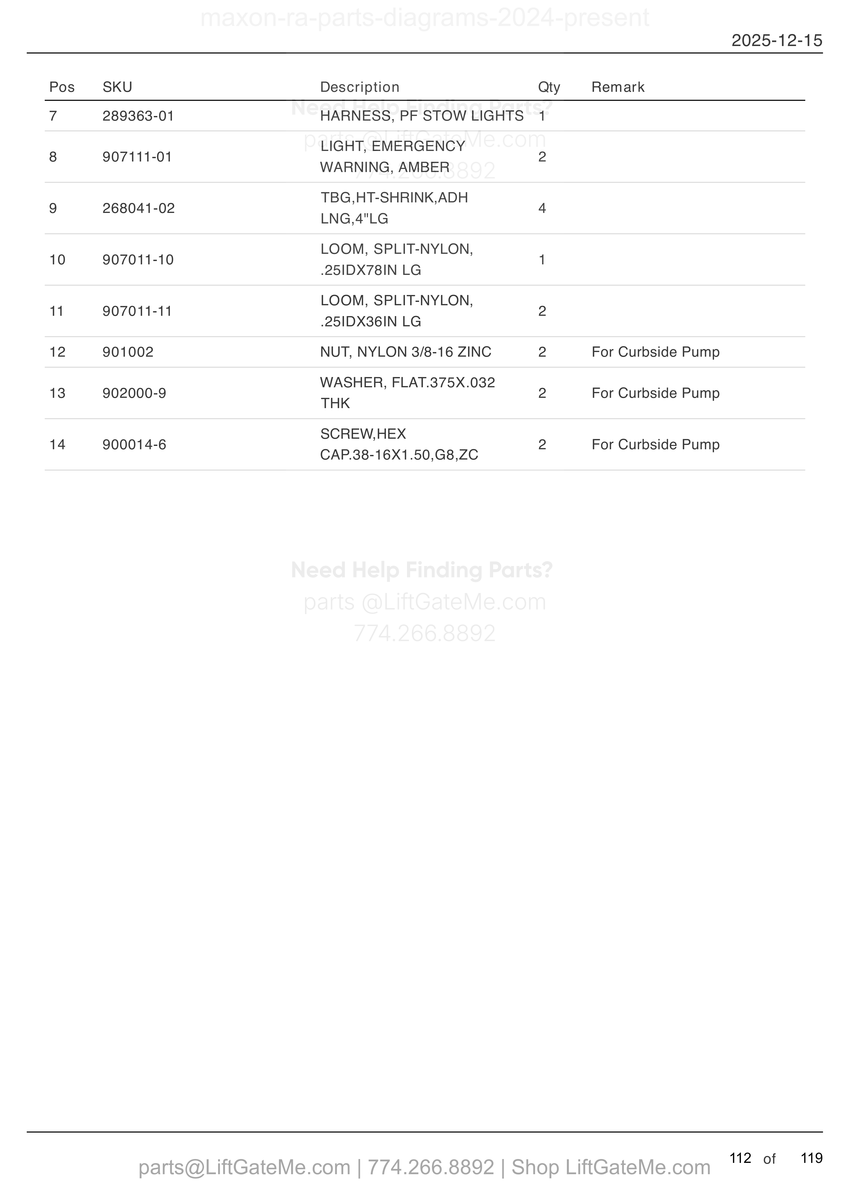 ELECTRICAL SYSTEMS (continued) parts table
