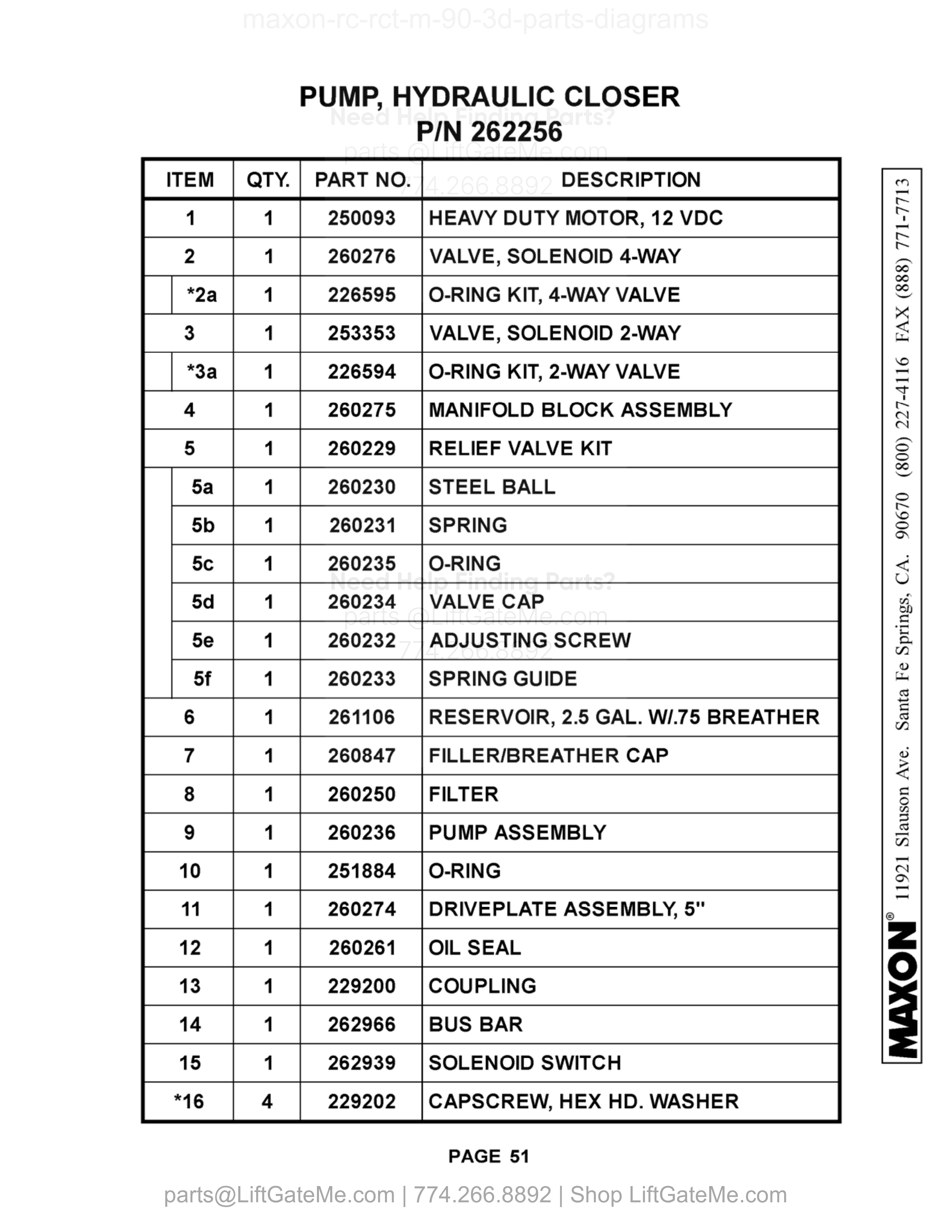 PUMP, HYDRAULIC CLOSER P/N 262256 parts table