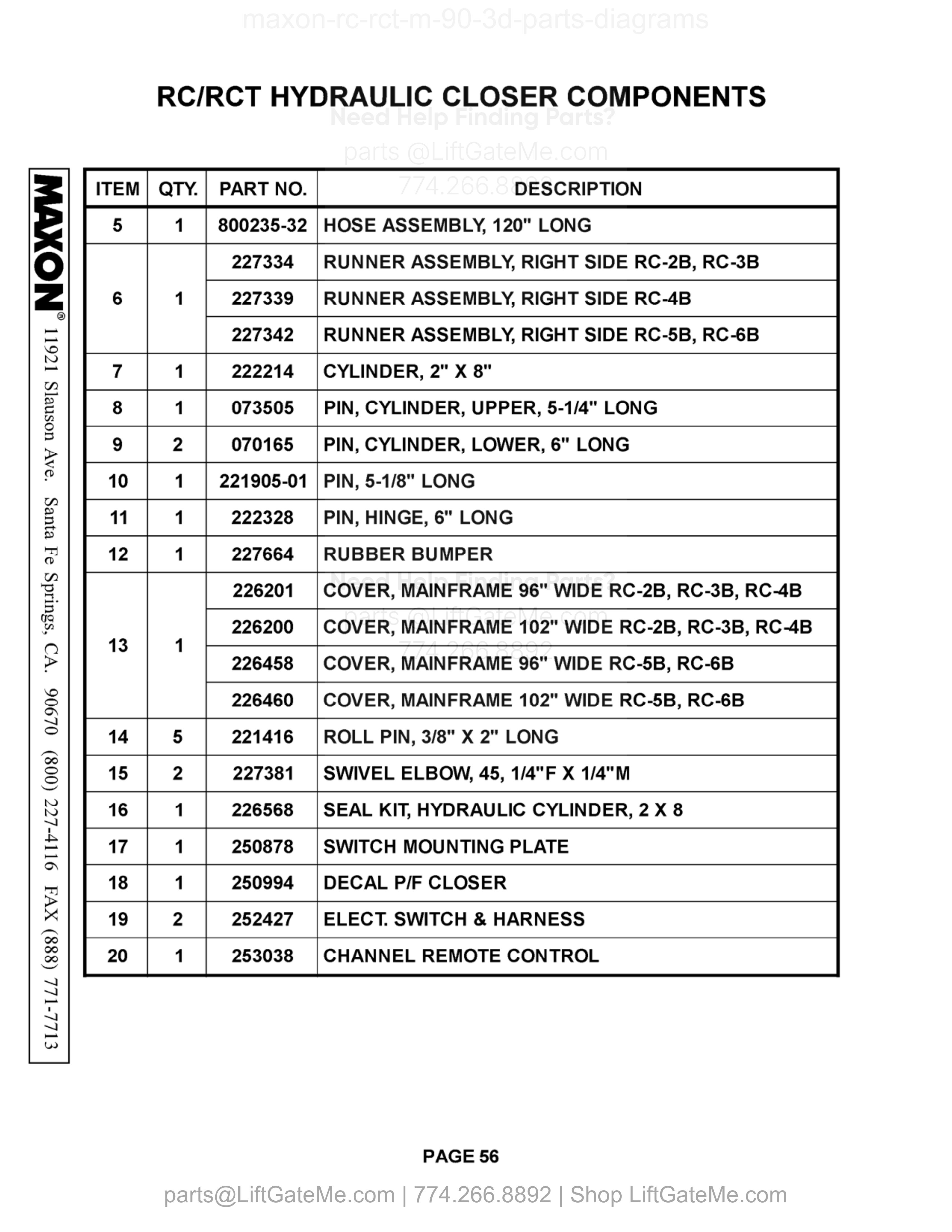 RC/RCT Hydraulic Closer Components (continued) diagram
