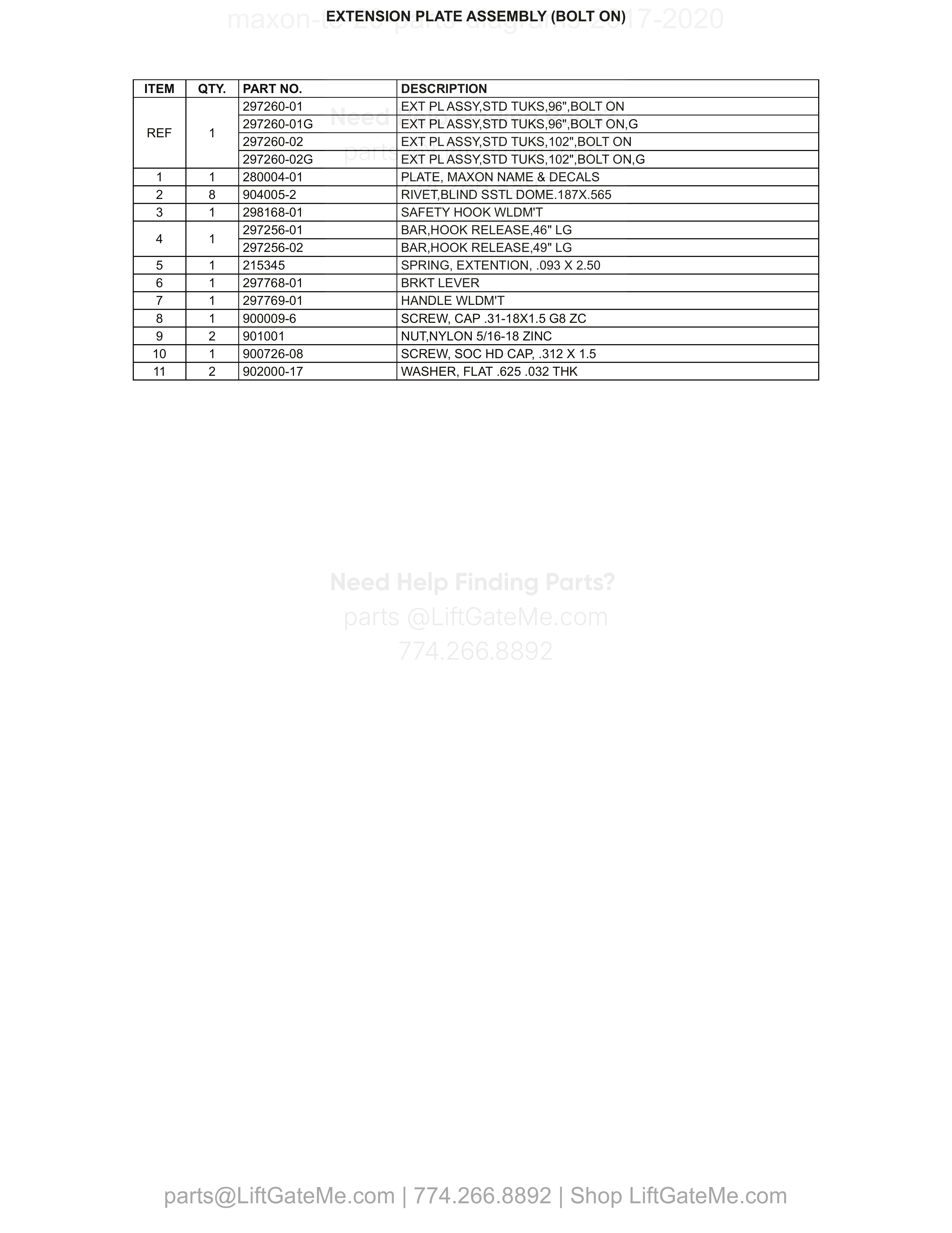 EXTENSION PLATE ASSEMBLY (BOLT ON) parts table