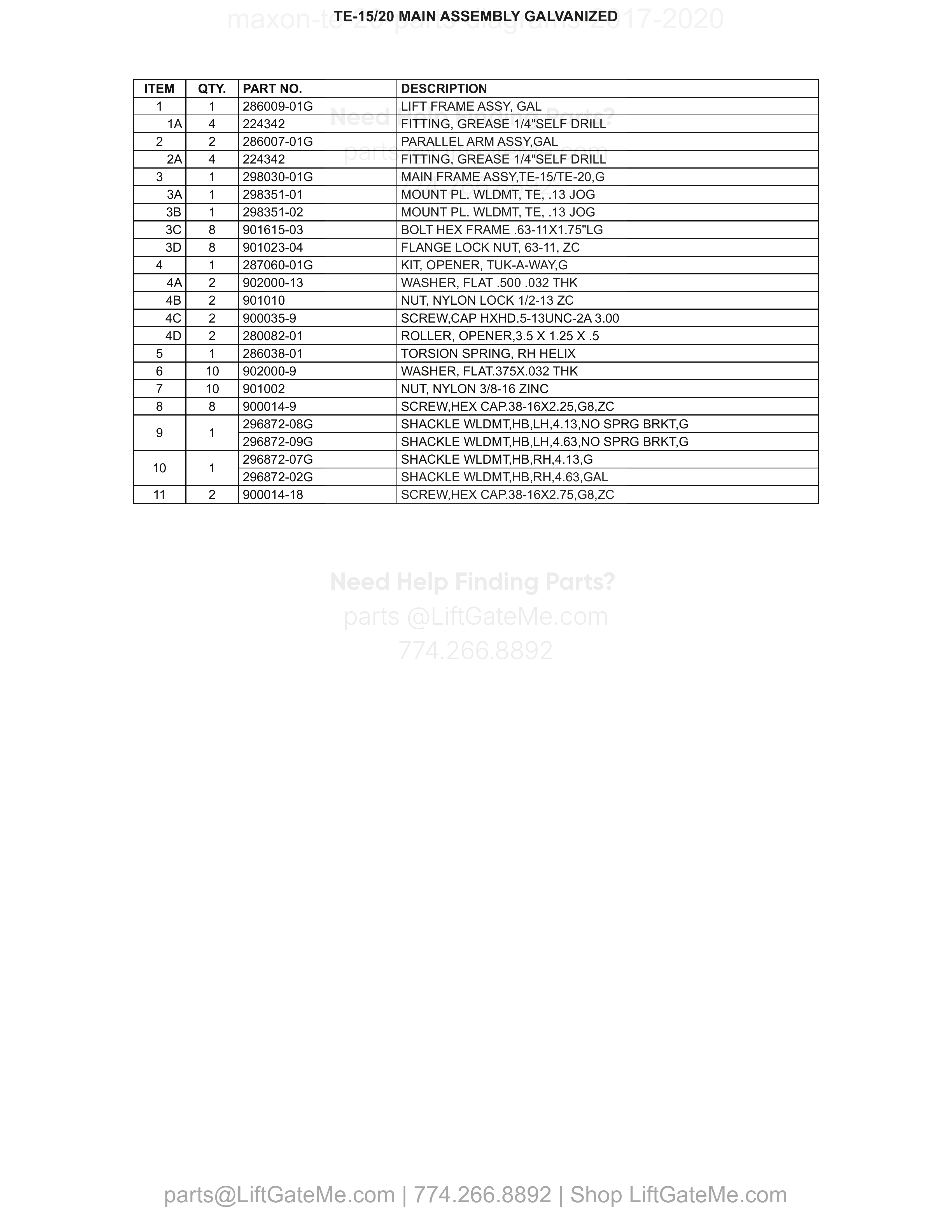 TE-15/20 MAIN ASSEMBLY GALVANIZED parts table