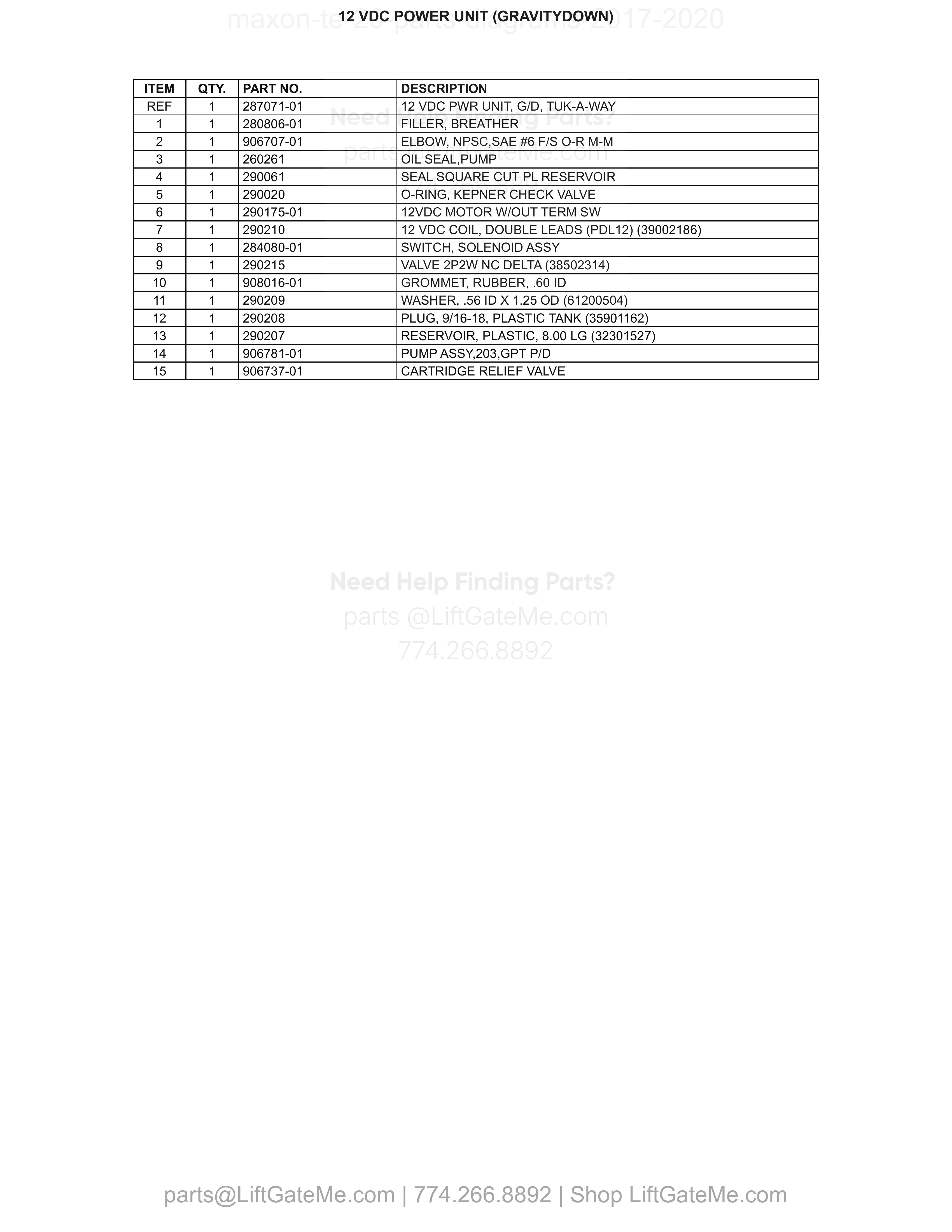 12 VDC POWER UNIT (GRAVITYDOWN) parts table