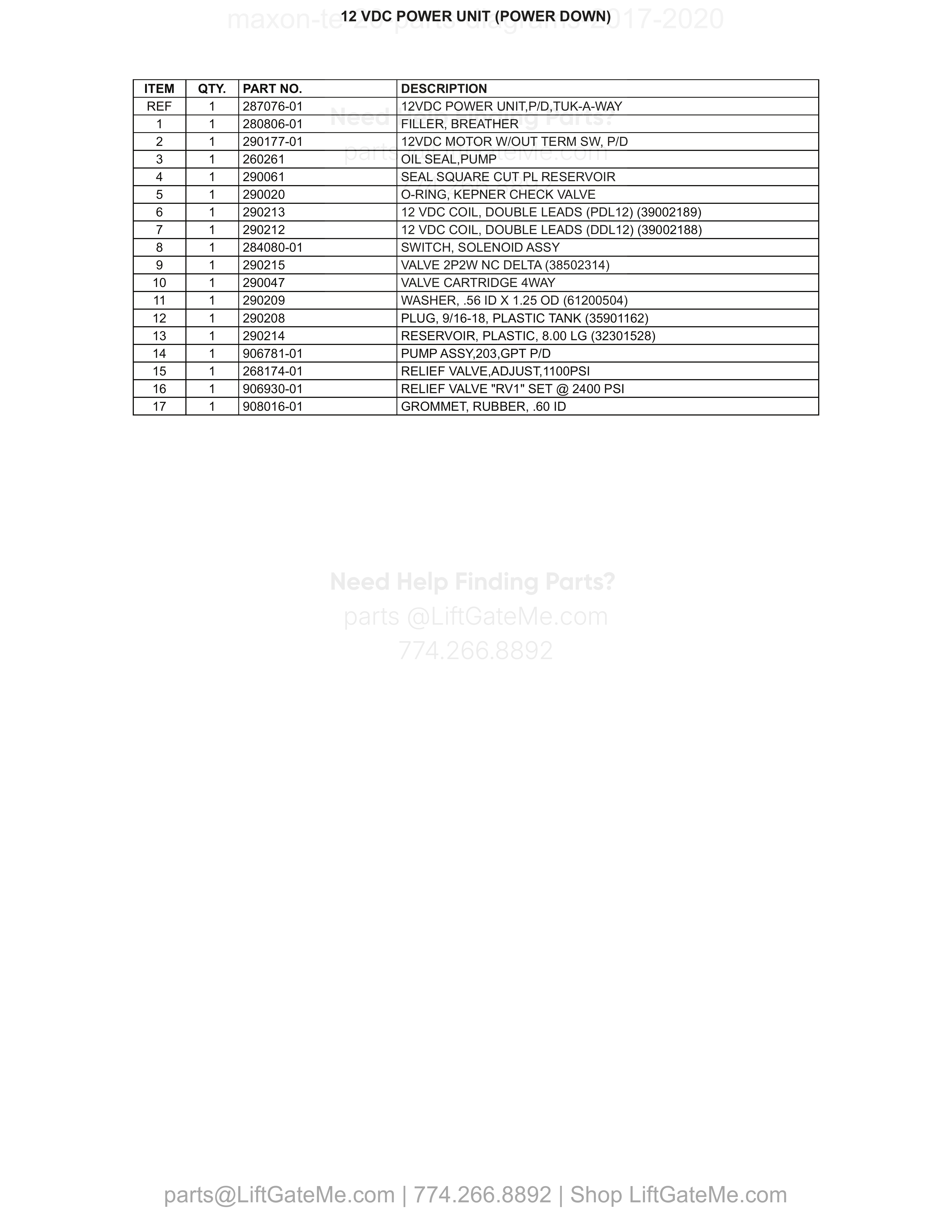 12 VDC POWER UNIT (POWER DOWN) parts table