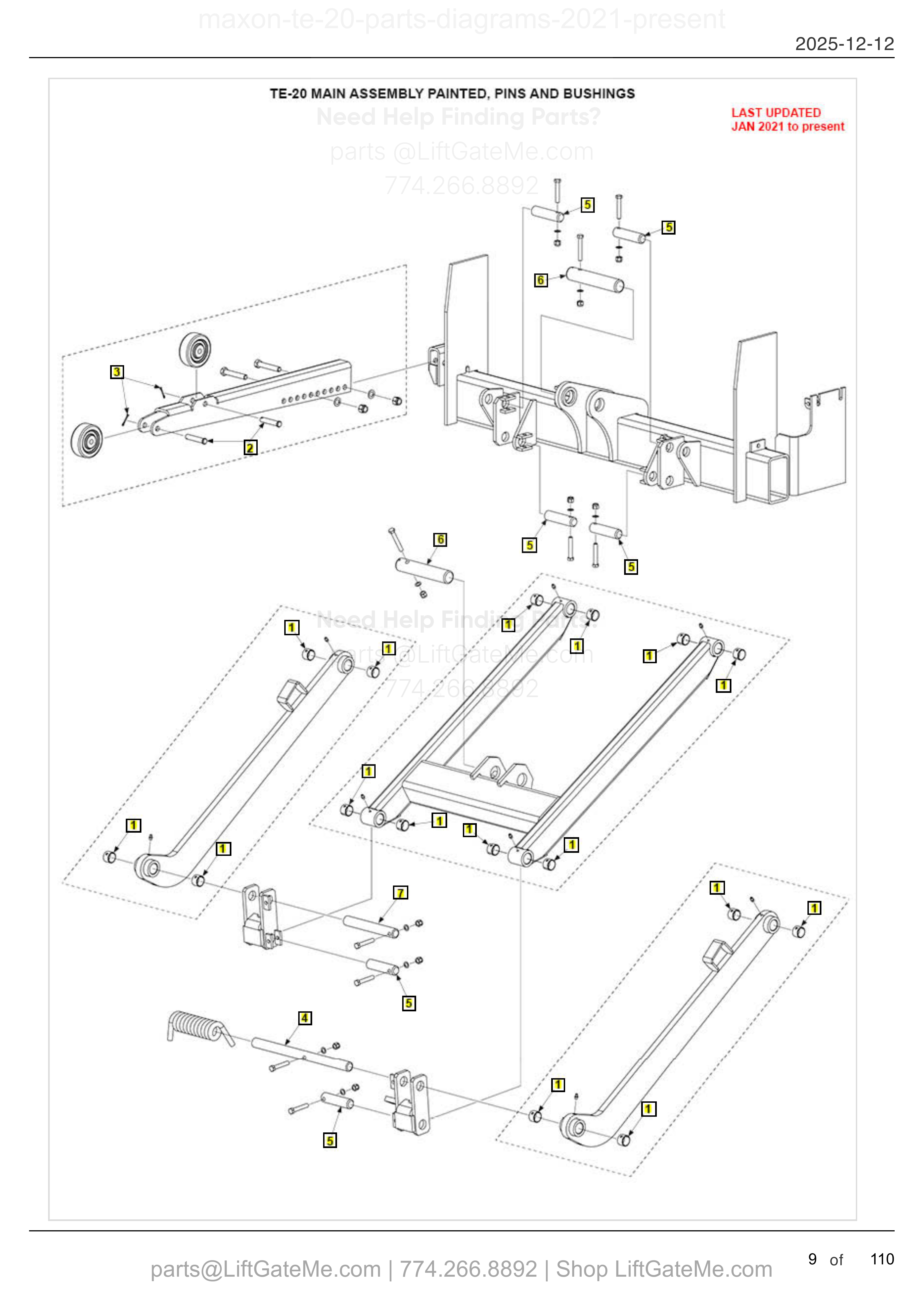 TE-20 MAIN ASSEMBLY PAINTED, PINS AND BUSHINGS diagram