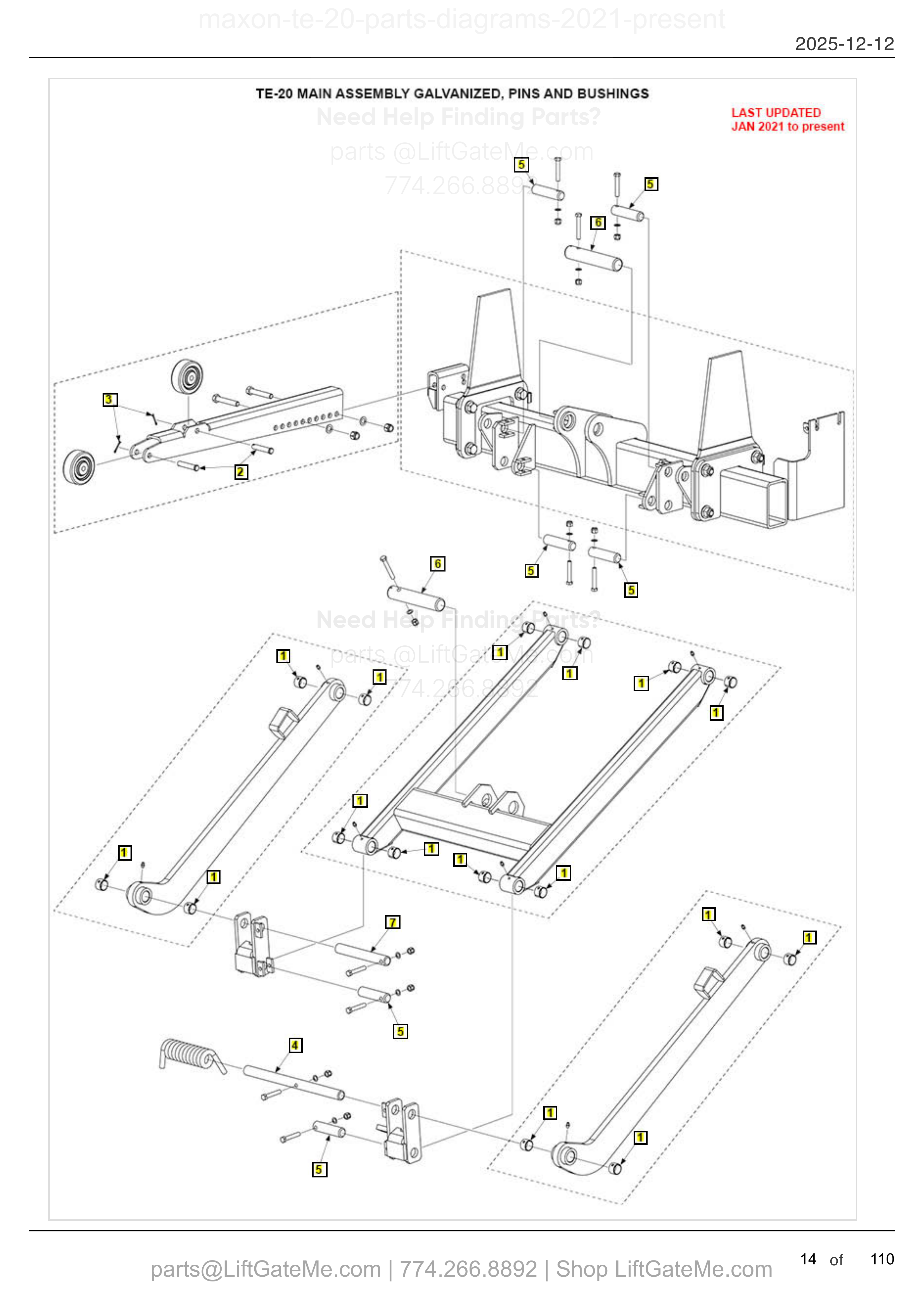 TE-20 MAIN ASSEMBLY GALVANIZED, PINS AND BUSHINGS diagram