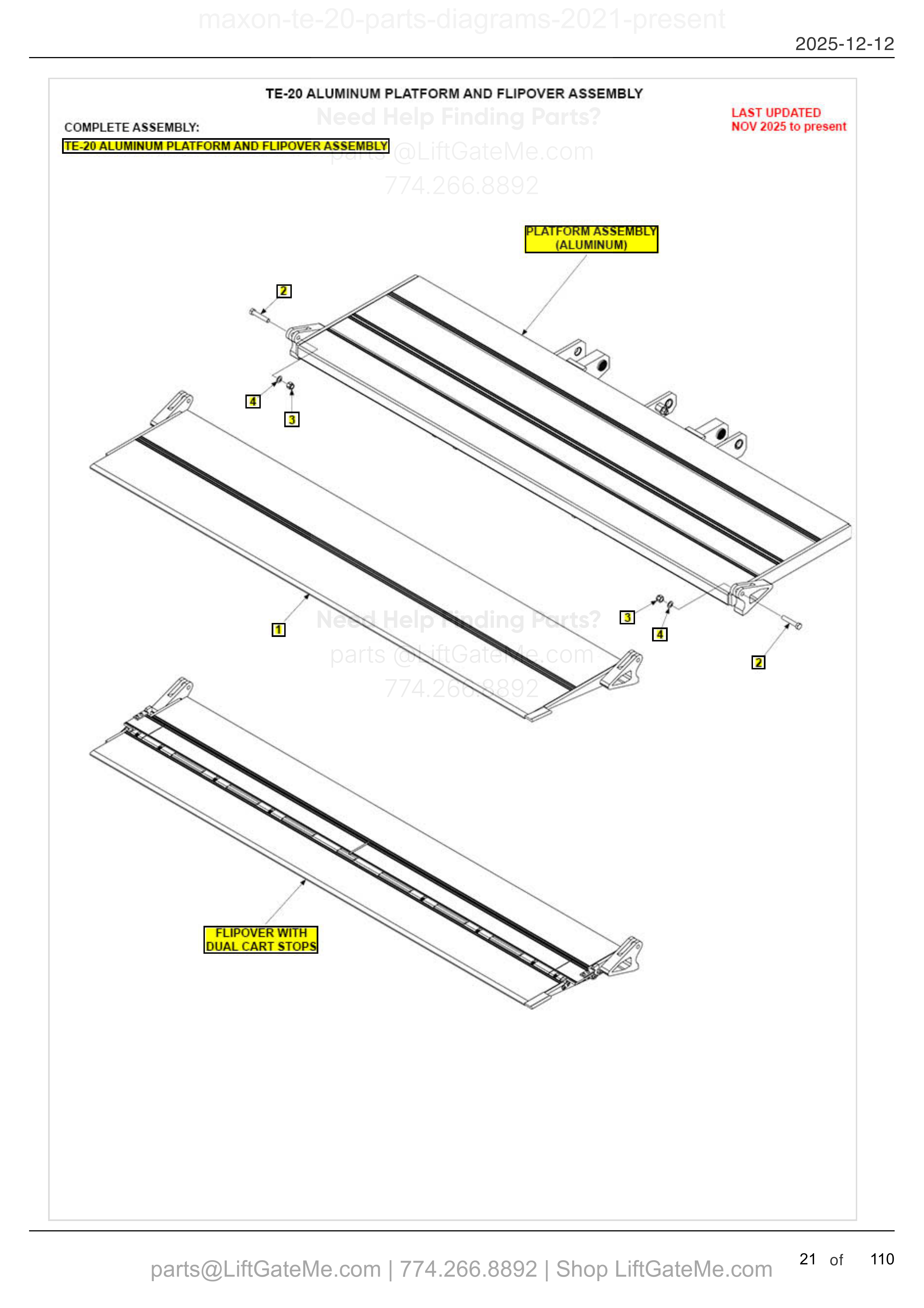 TE-20 ALUMINUM PLATFORM AND FLIPOVER ASSEMBLY diagram