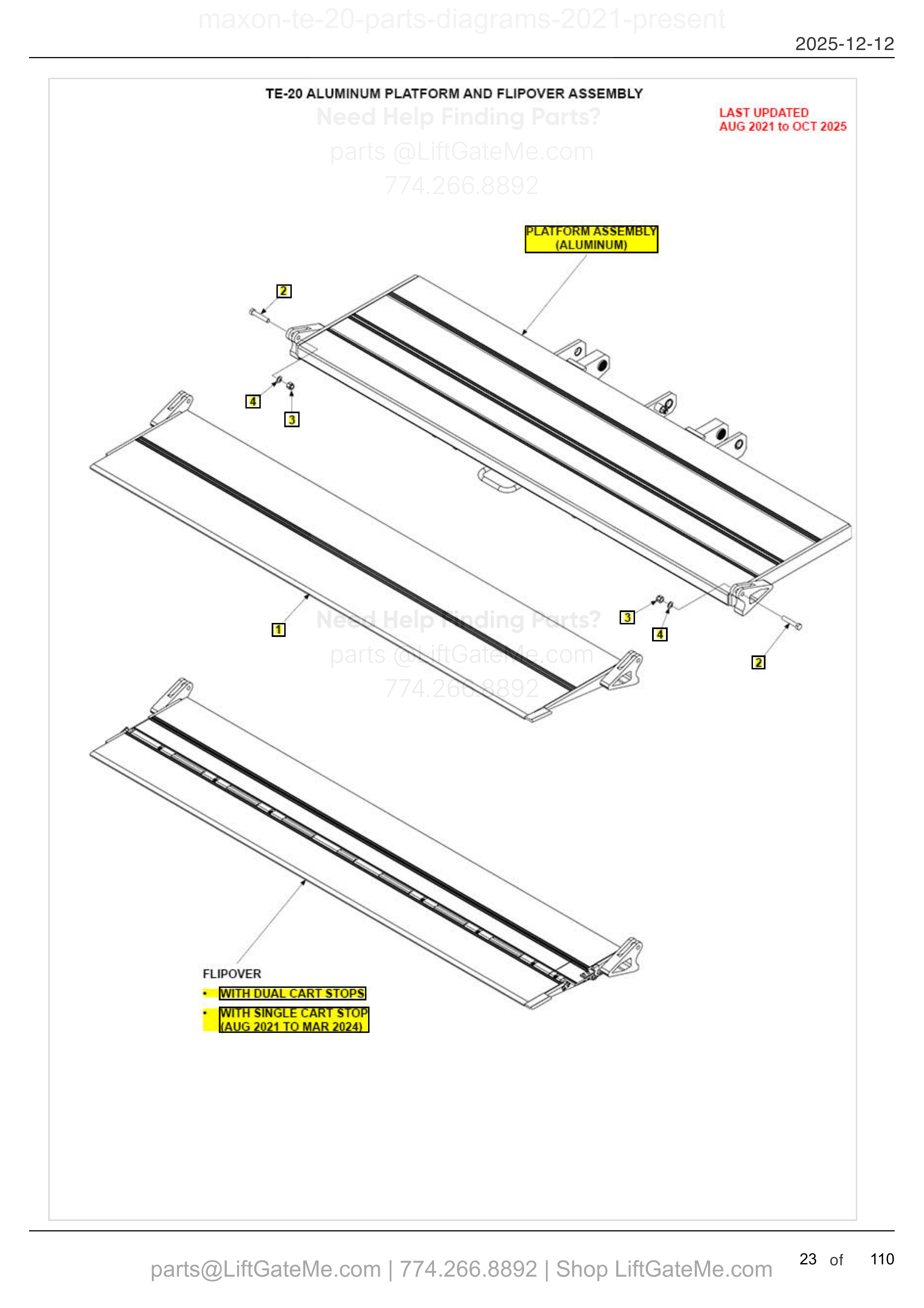 TE-20 ALUMINUM PLATFORM AND FLIPOVER ASSEMBLY diagram