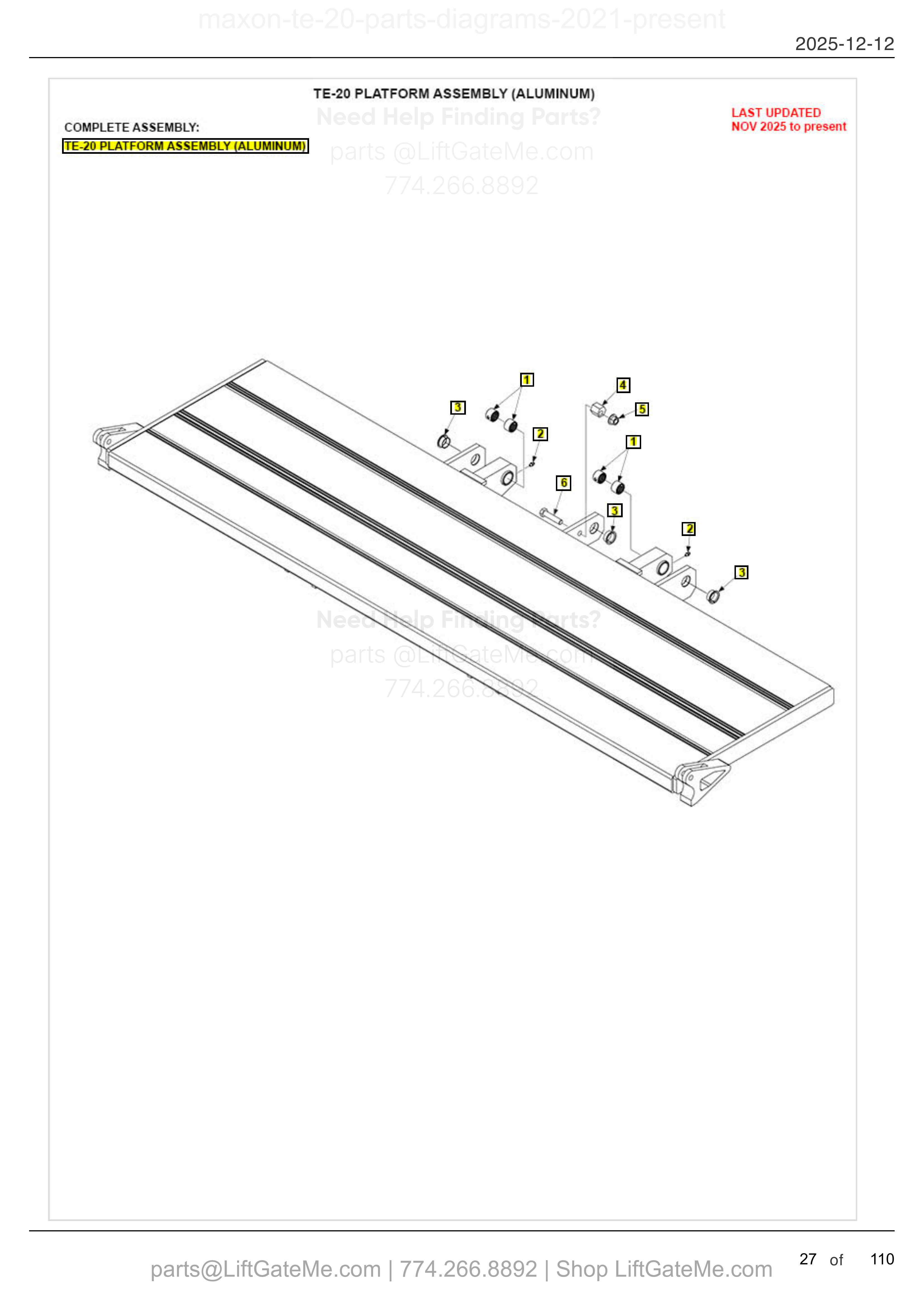 TE-20 PLATFORM ASSEMBLY (ALUMINUM) diagram