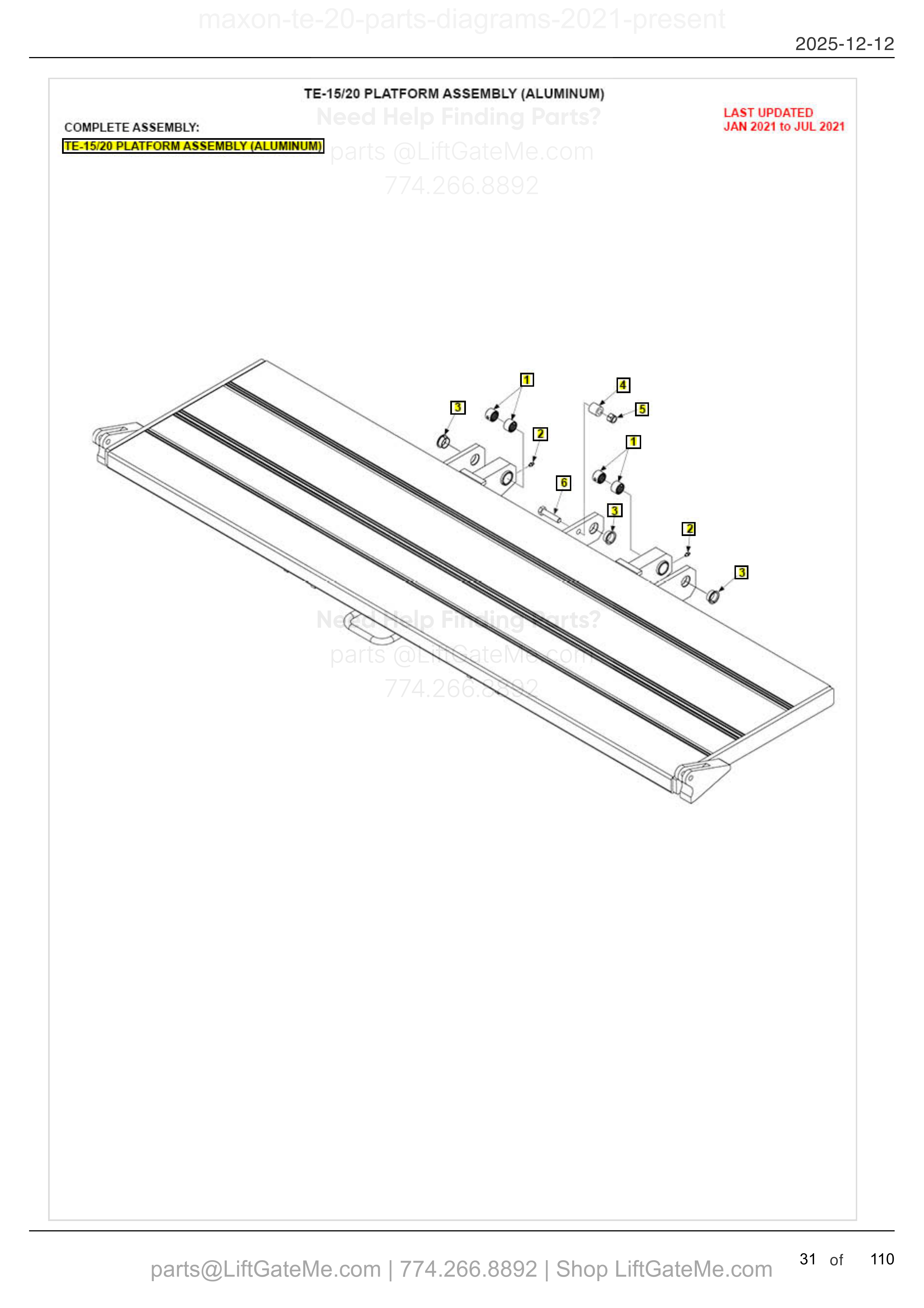 TE-15/20 PLATFORM ASSEMBLY (ALUMINUM) diagram