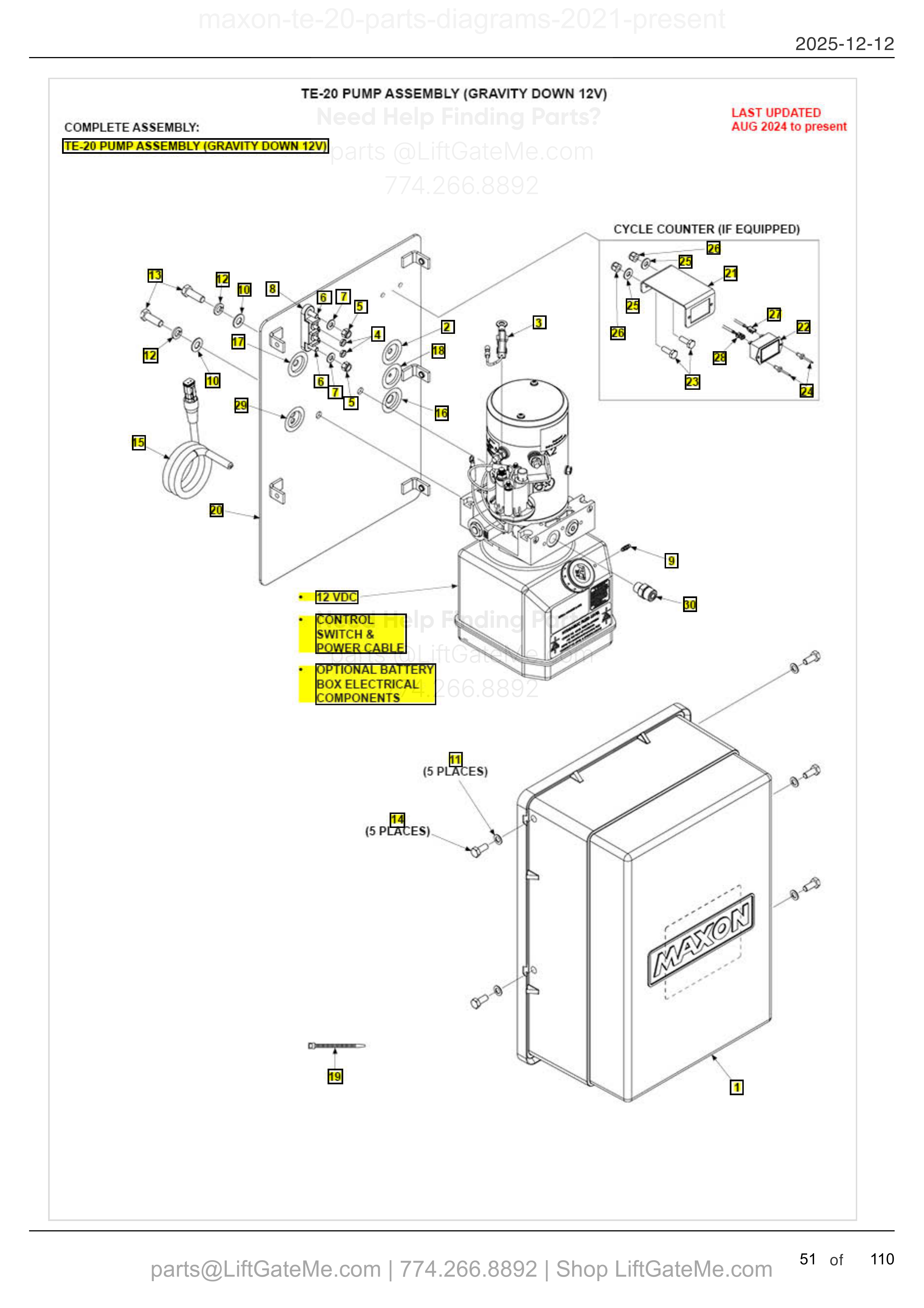 TE-20 PUMP ASSEMBLY (GRAVITY DOWN 12V) diagram