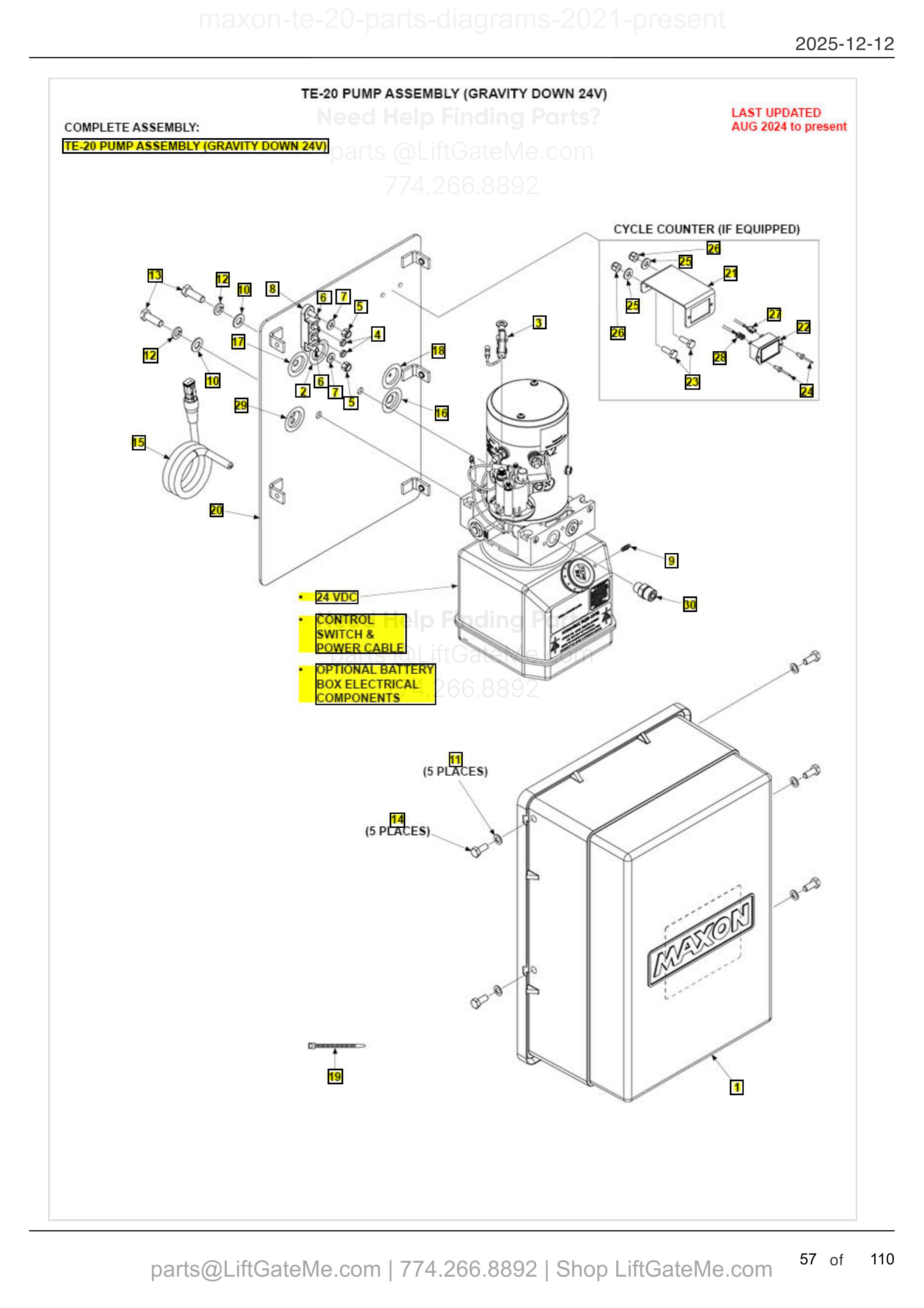 TE-20 PUMP ASSEMBLY (GRAVITY DOWN 24V) diagram