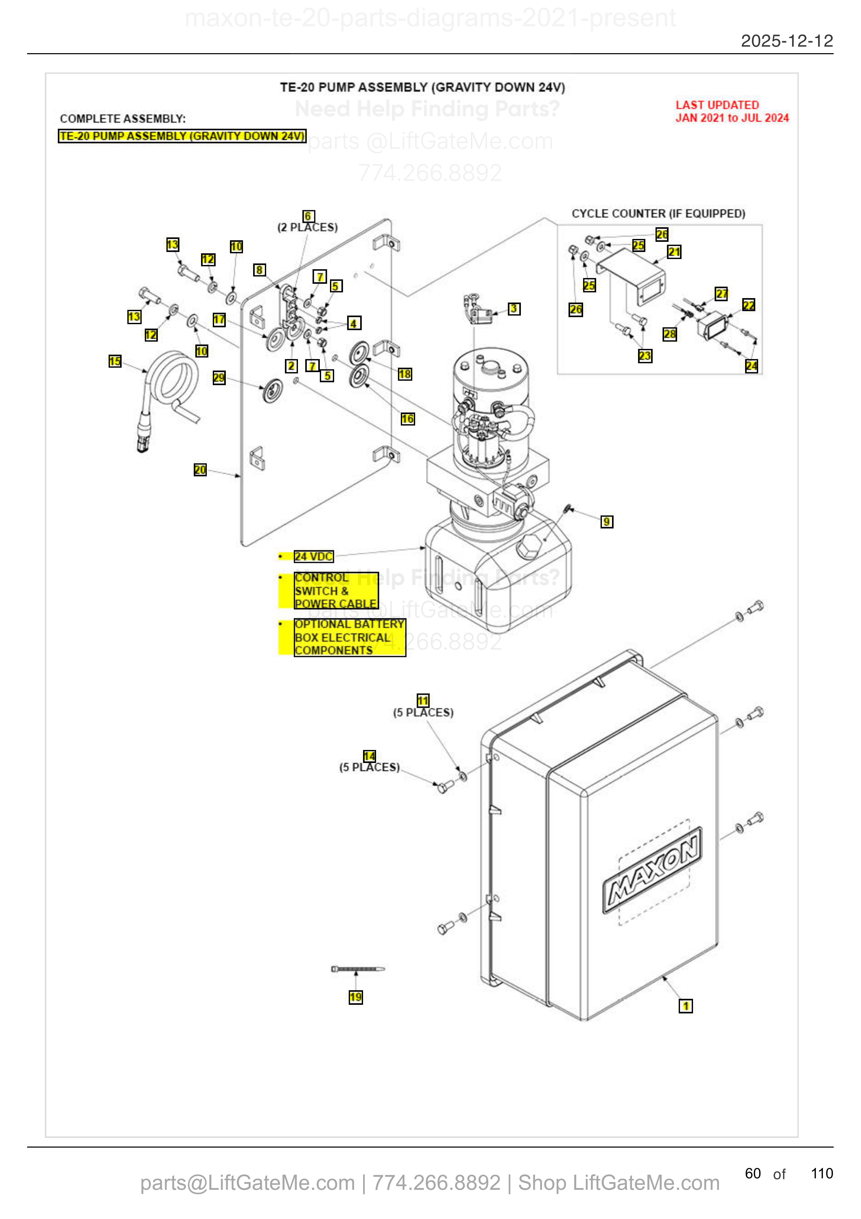TE-20 PUMP ASSEMBLY (GRAVITY DOWN 24V) diagram