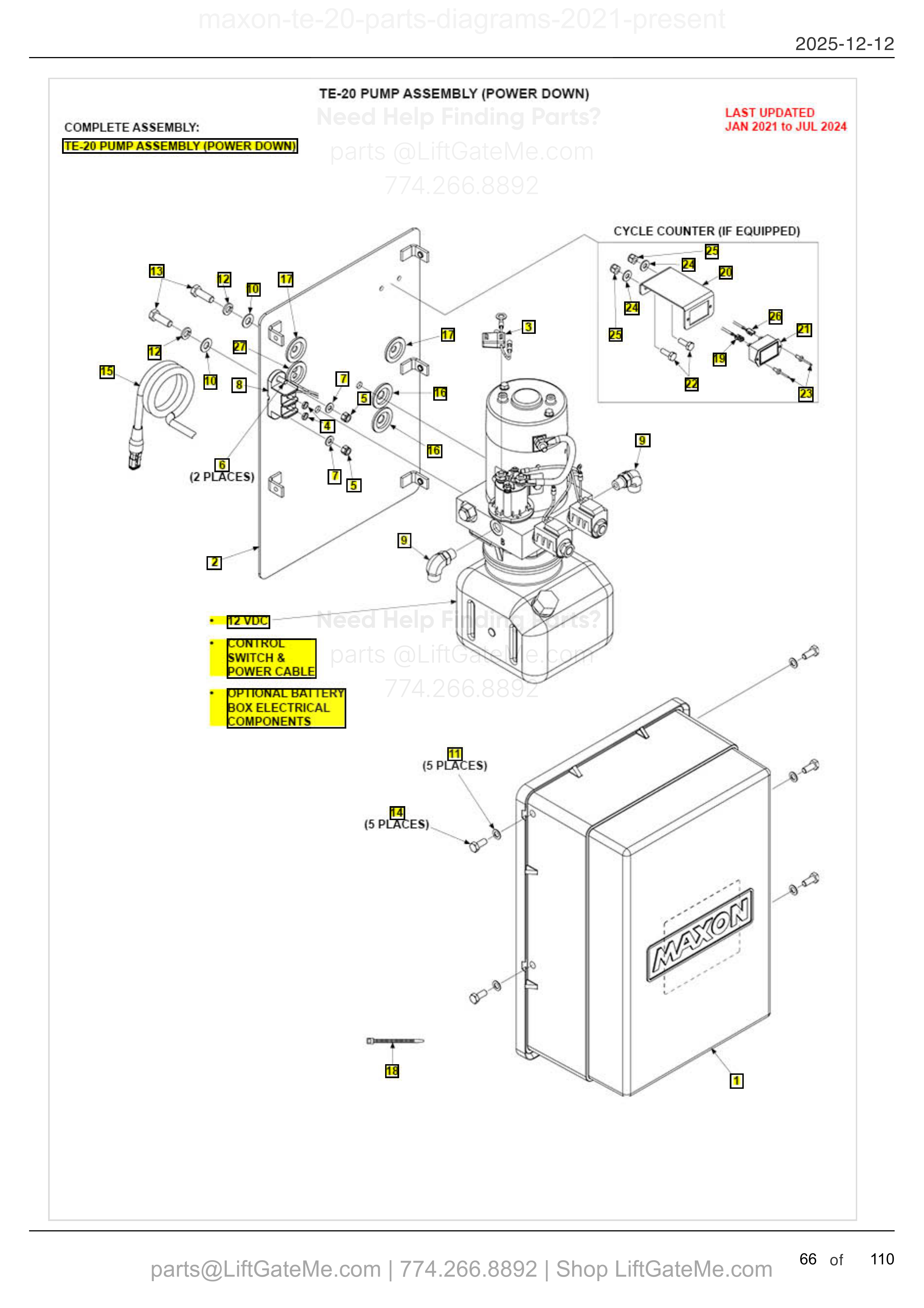 TE-20 PUMP ASSEMBLY (POWER DOWN) diagram