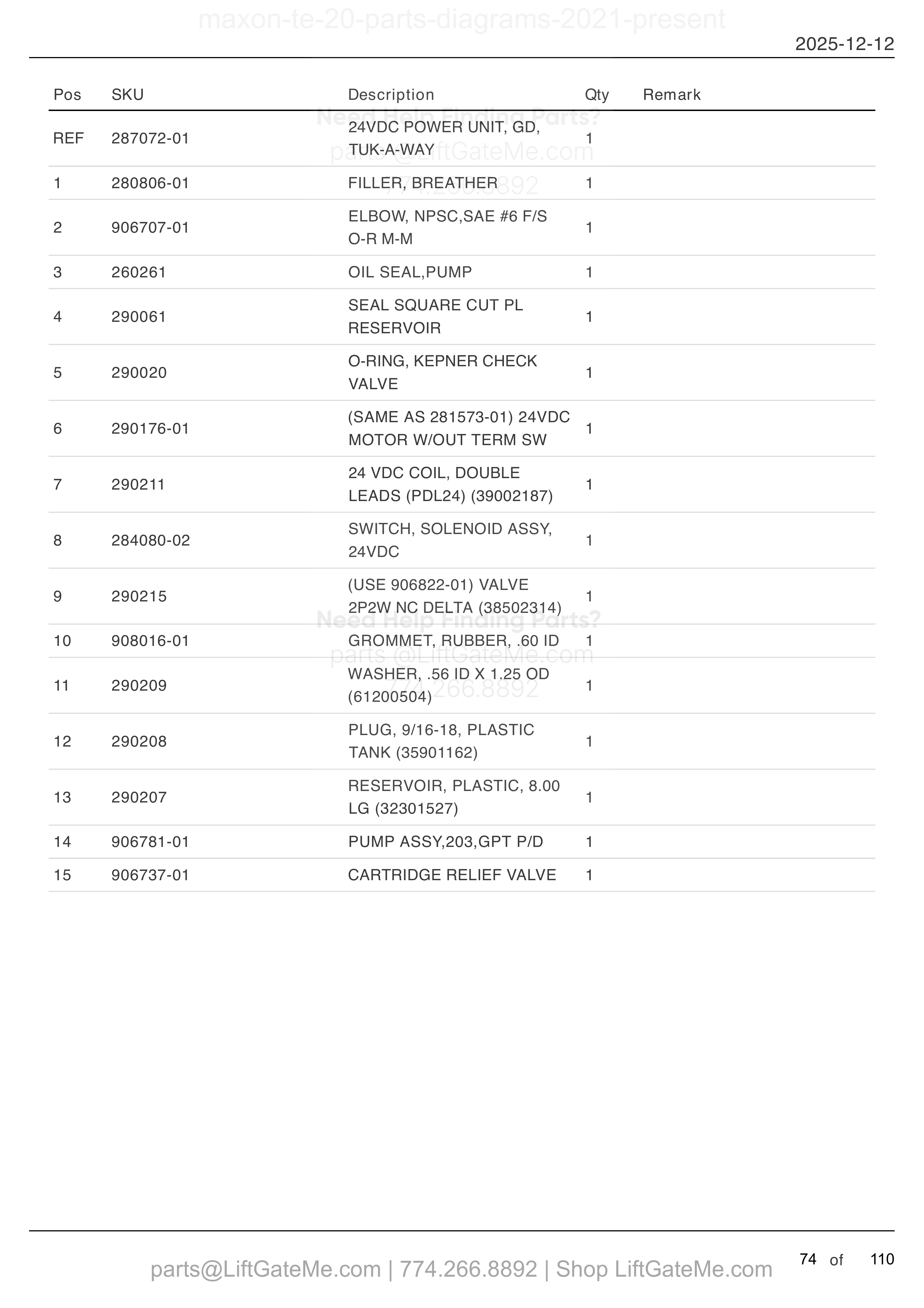 TE-20 24 VDC POWER UNIT (GRAVITY DOWN) parts table
