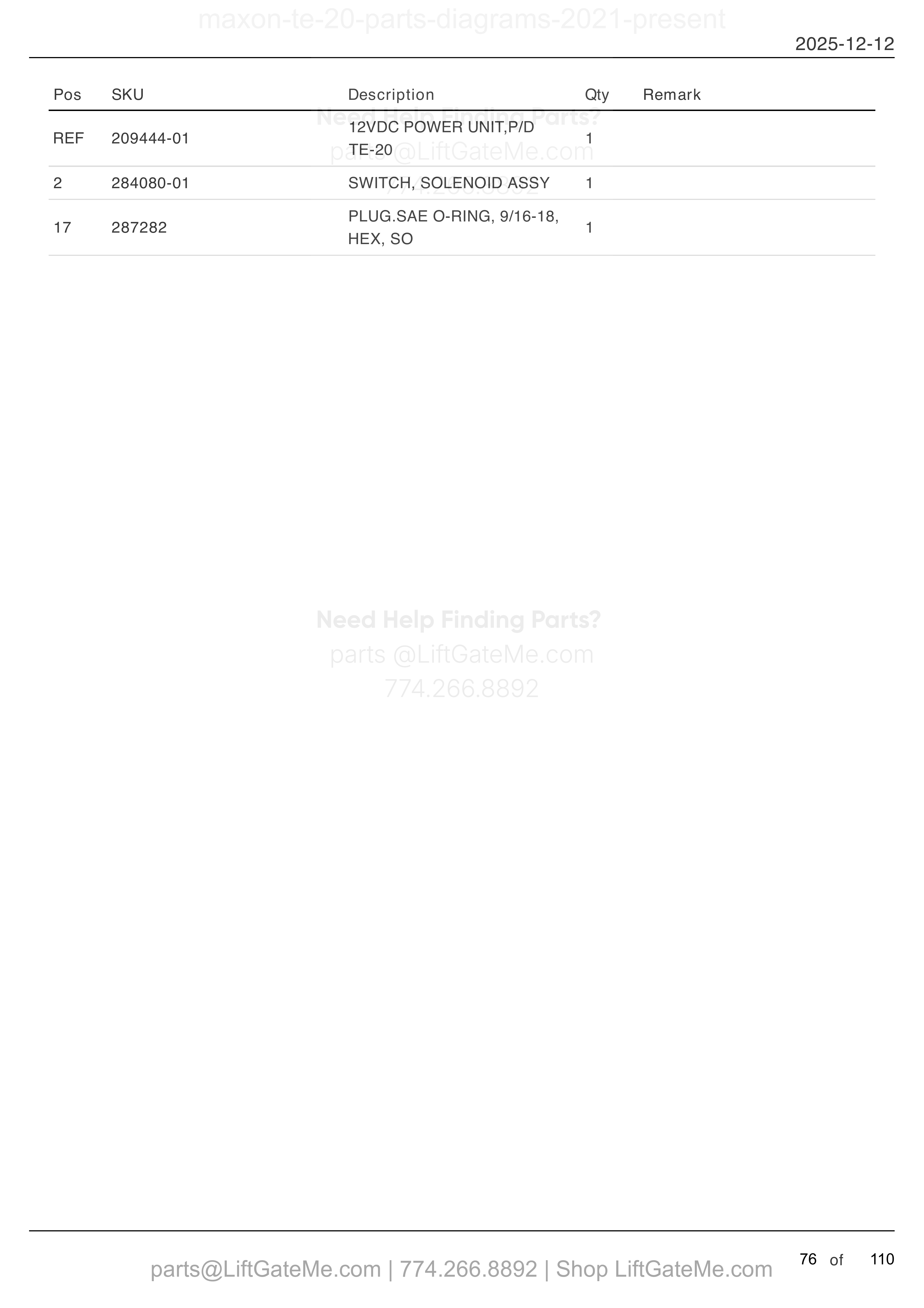 TE-20 12 VDC POWER UNIT (POWER DOWN) parts table