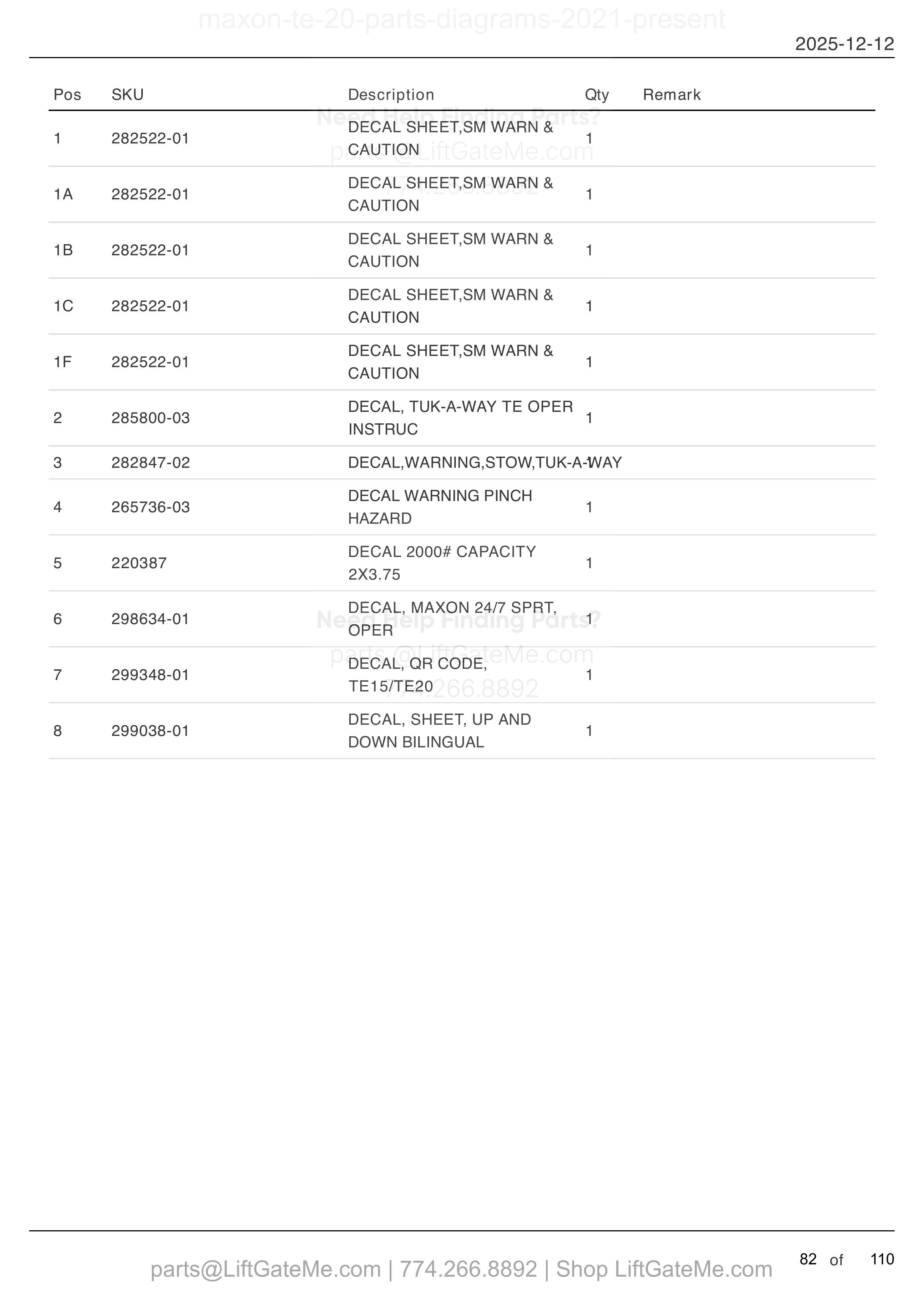 TE-20 DECAL parts table