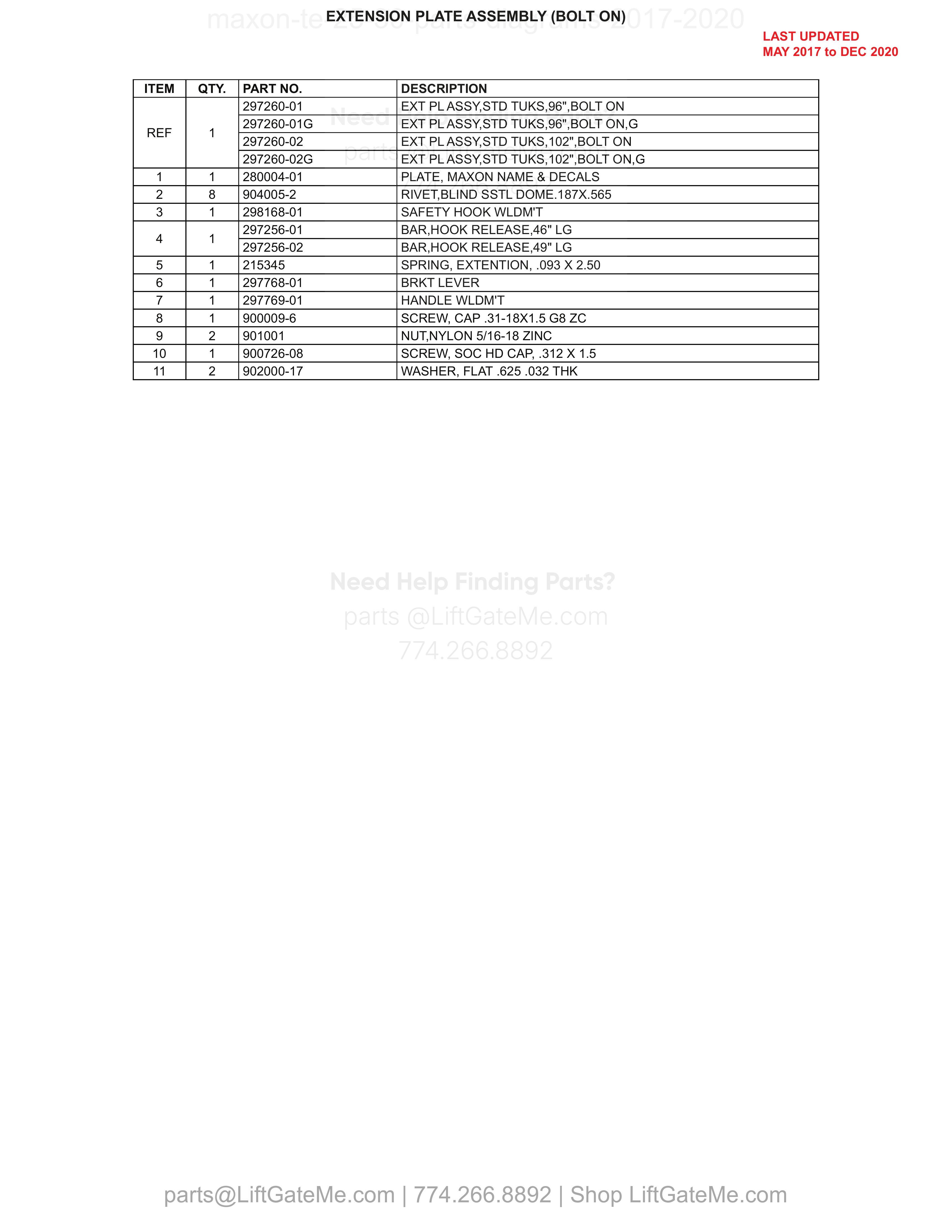 EXTENSION PLATE ASSEMBLY (BOLT ON) parts table