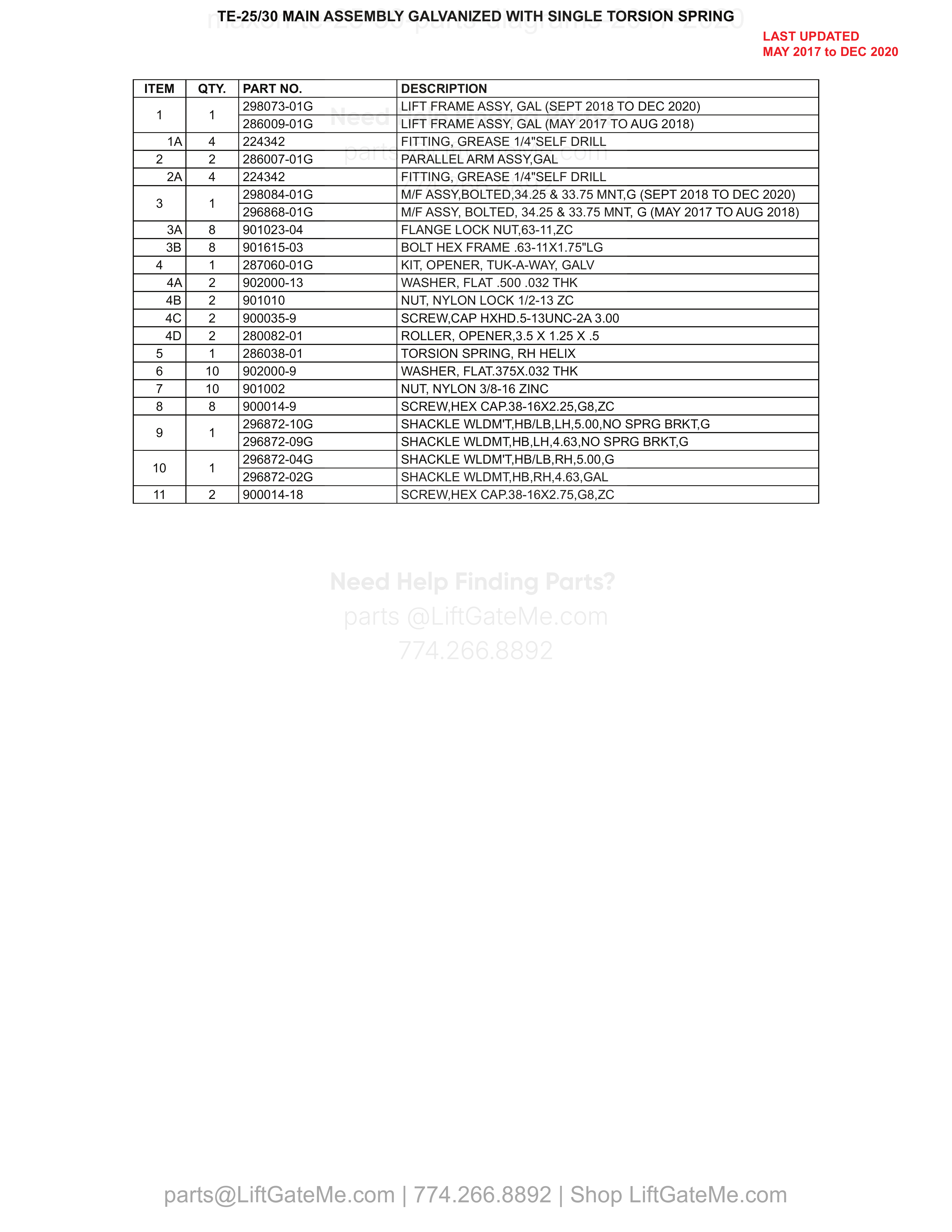 TE-25/30 MAIN ASSEMBLY GALVANIZED WITH SINGLE TORSION SPRING parts table