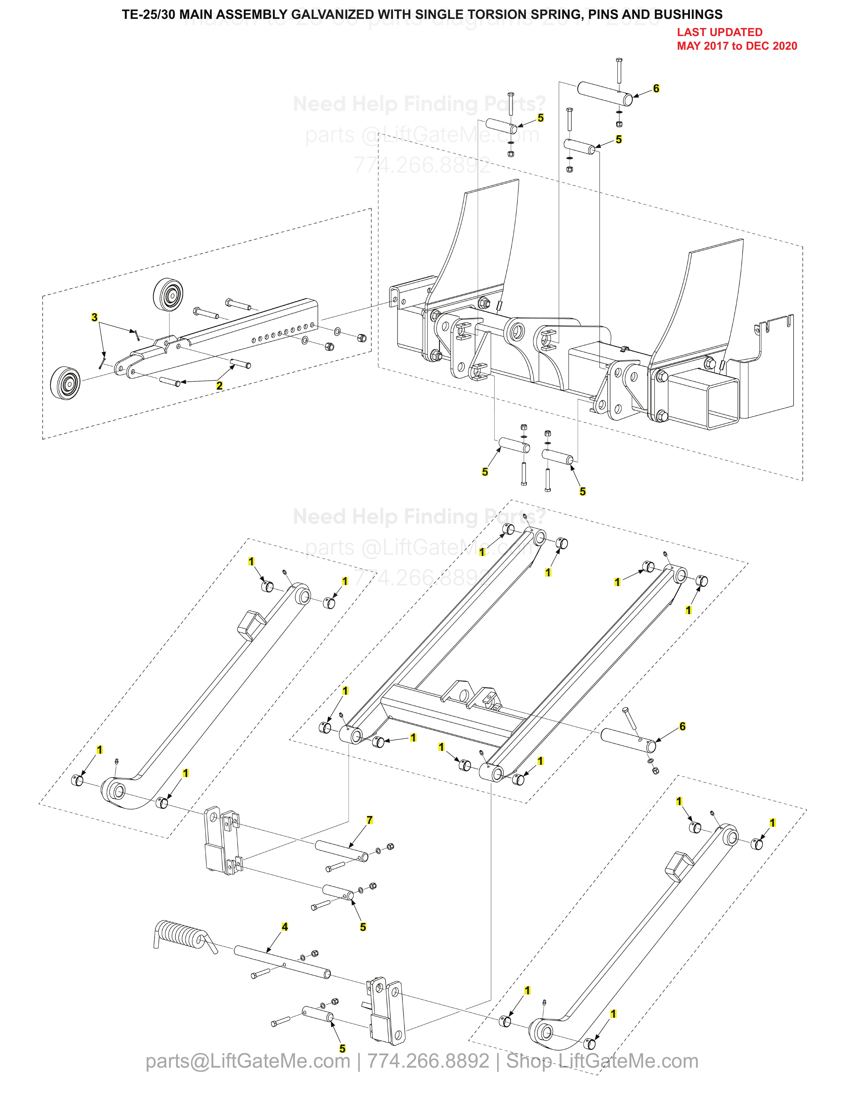 TE-25/30 MAIN ASSEMBLY GALVANIZED WITH SINGLE TORSION SPRING, PINS AND BUSHINGS diagram