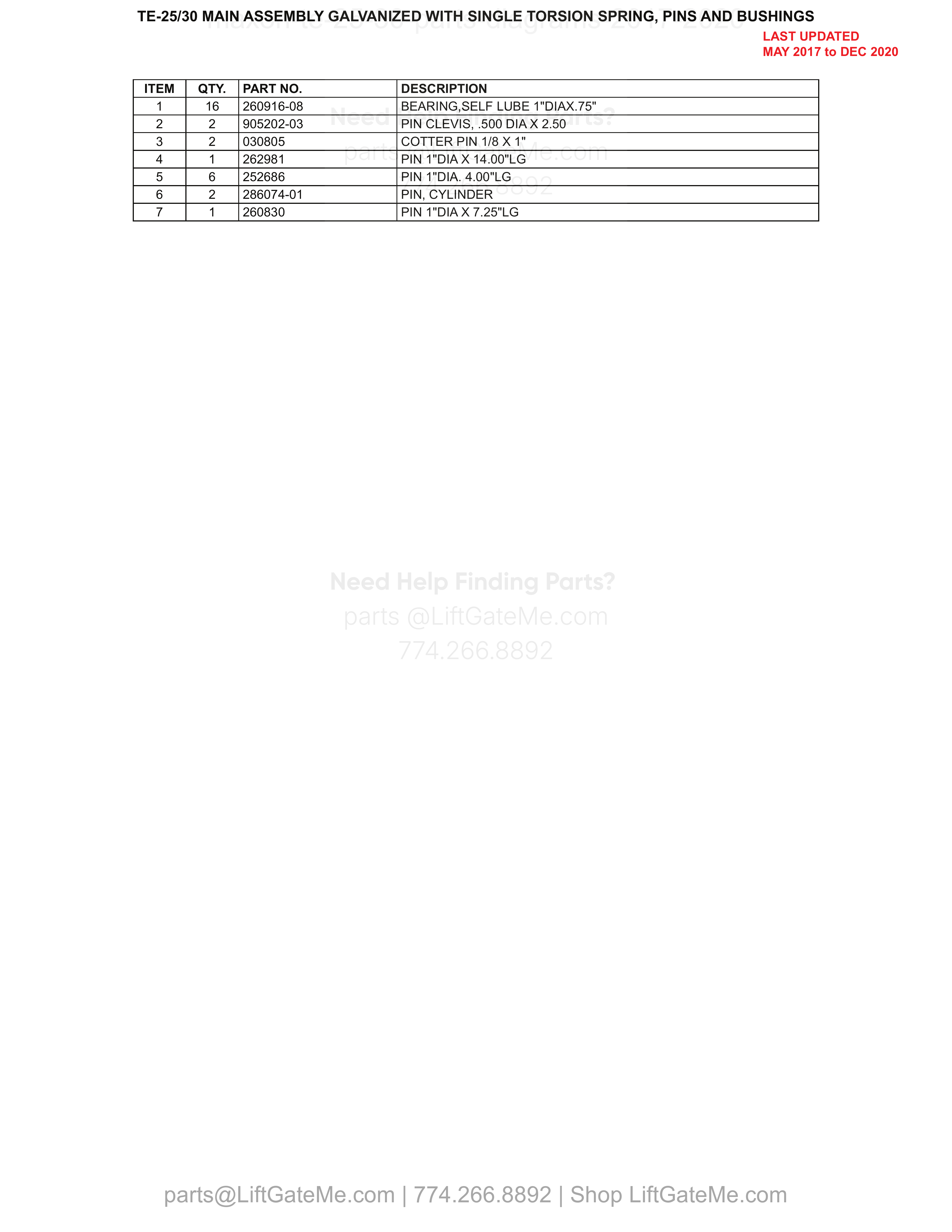 TE-25/30 MAIN ASSEMBLY GALVANIZED WITH SINGLE TORSION SPRING, PINS AND BUSHINGS parts table