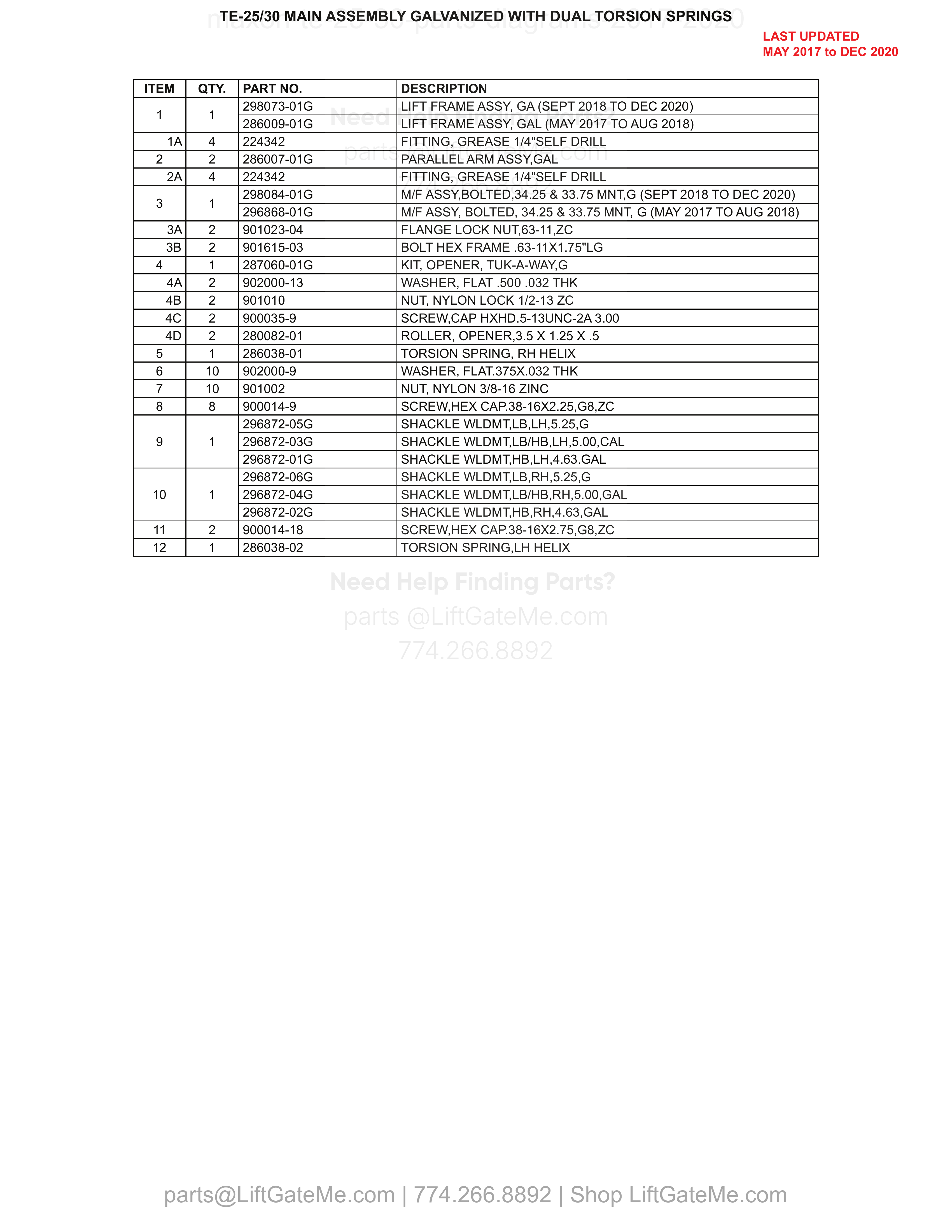 TE-25/30 MAIN ASSEMBLY GALVANIZED WITH DUAL TORSION SPRINGS parts table