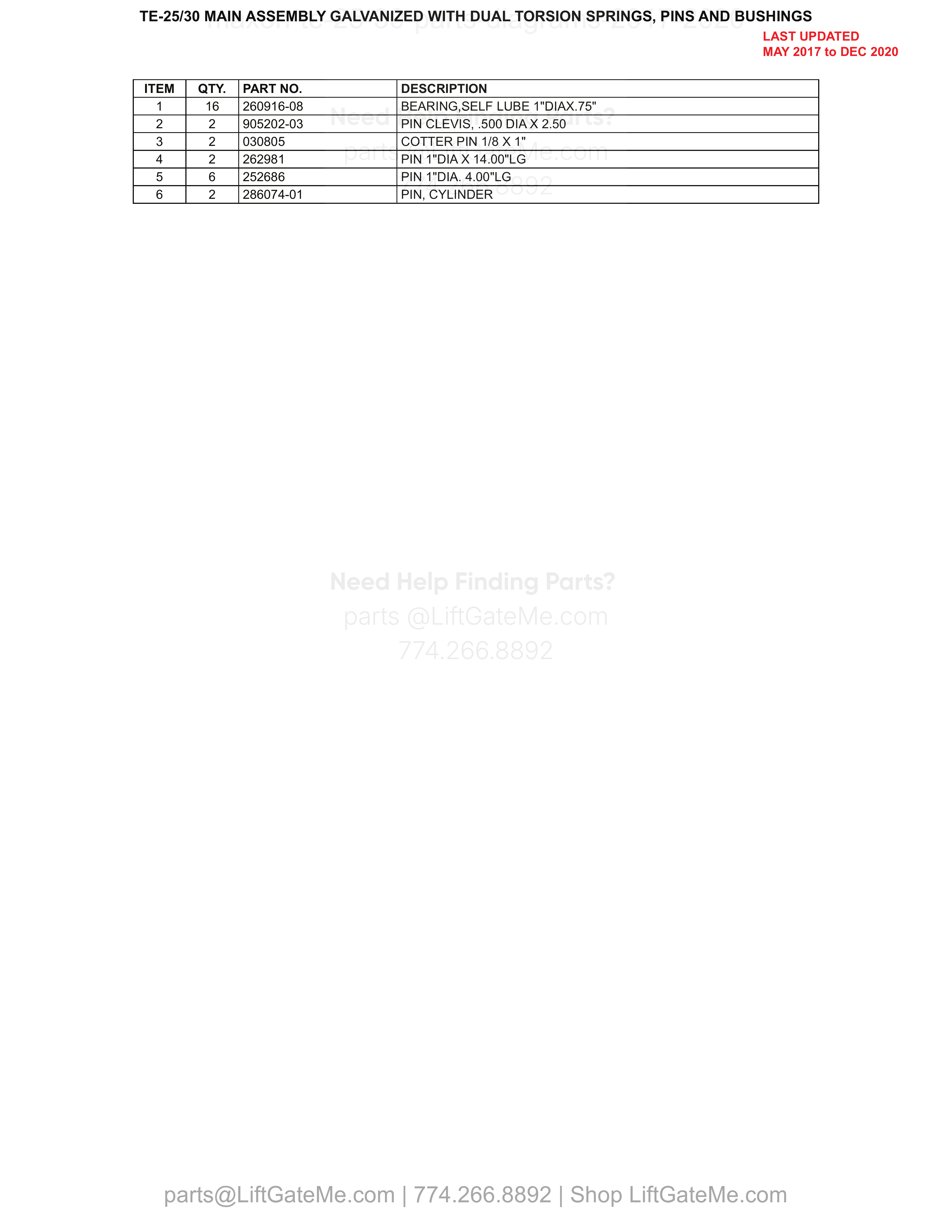 TE-25/30 MAIN ASSEMBLY GALVANIZED WITH DUAL TORSION SPRINGS, PINS AND BUSHINGS parts table