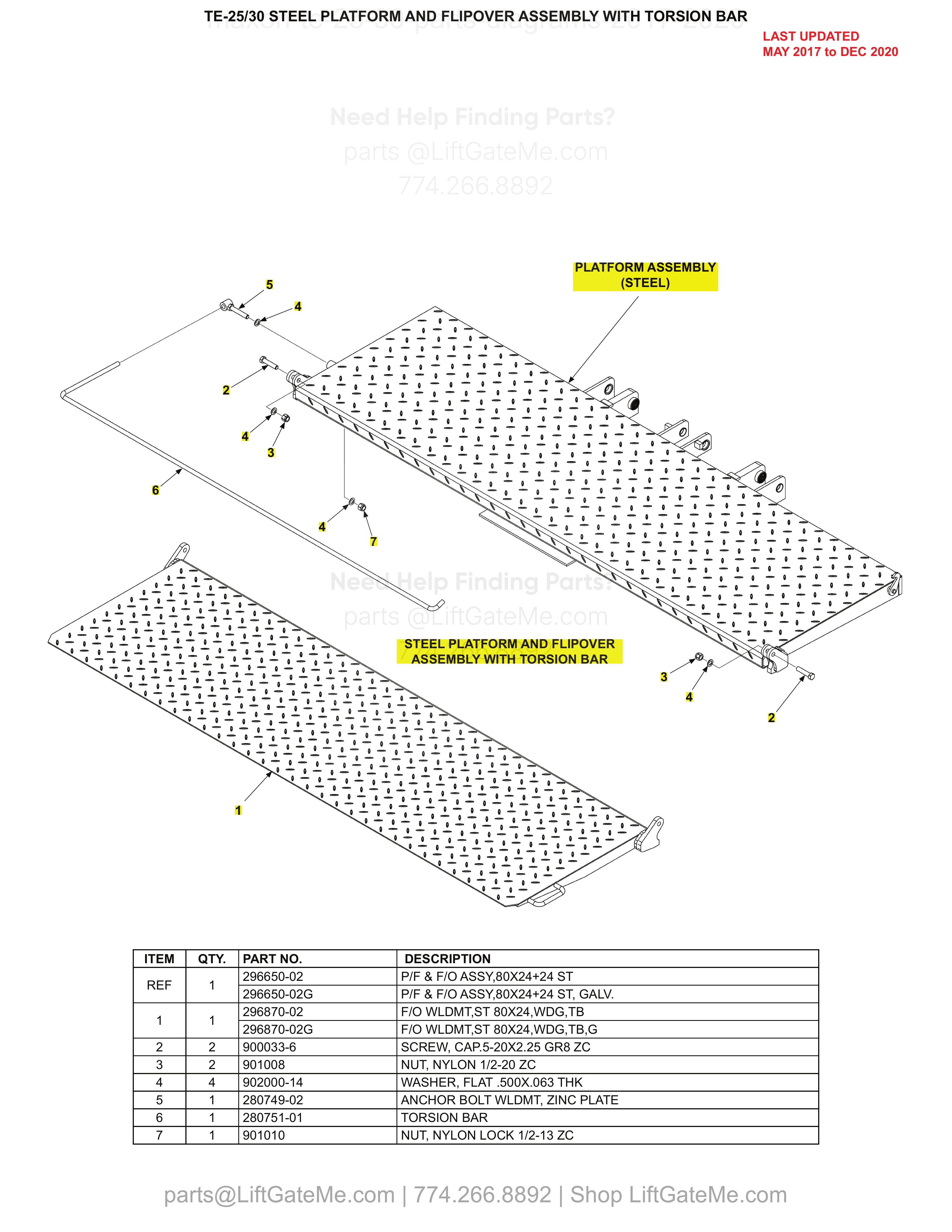 TE-25/30 STEEL PLATFORM AND FLIPOVER ASSEMBLY WITH TORSION BAR diagram