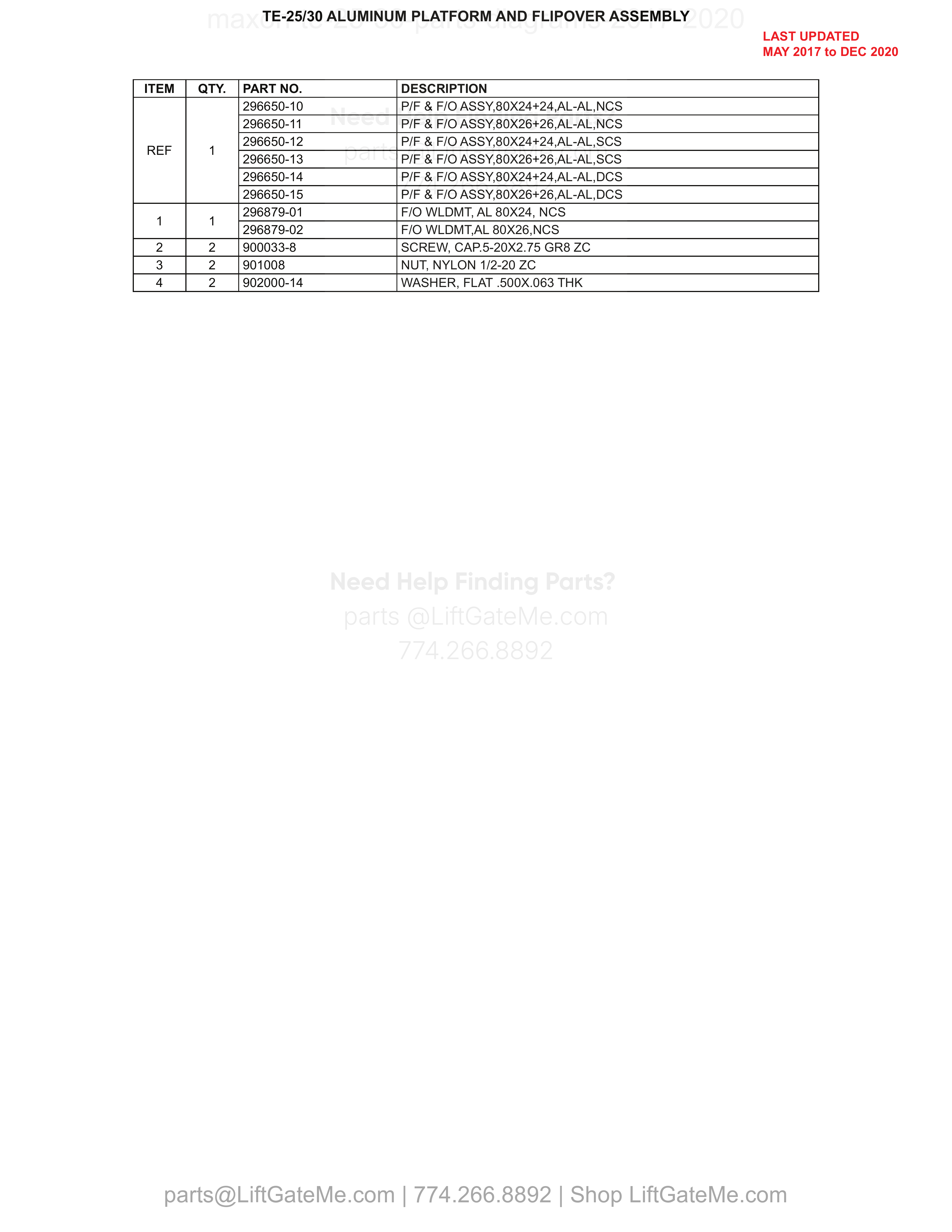 ALUMINUM PLATFORM AND FLIPOVER ASSEMBLY parts table