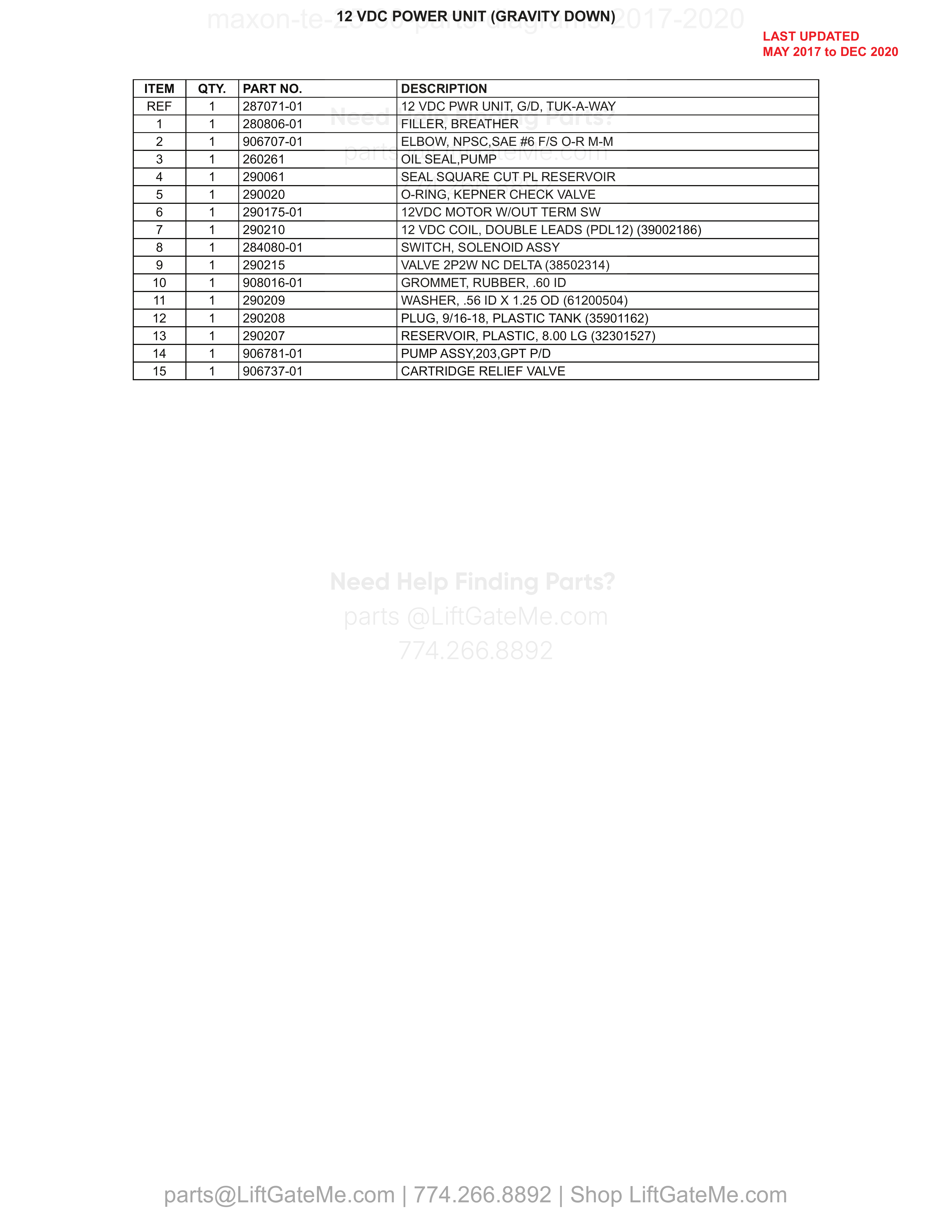 12 VDC POWER UNIT (GRAVITY DOWN) parts table
