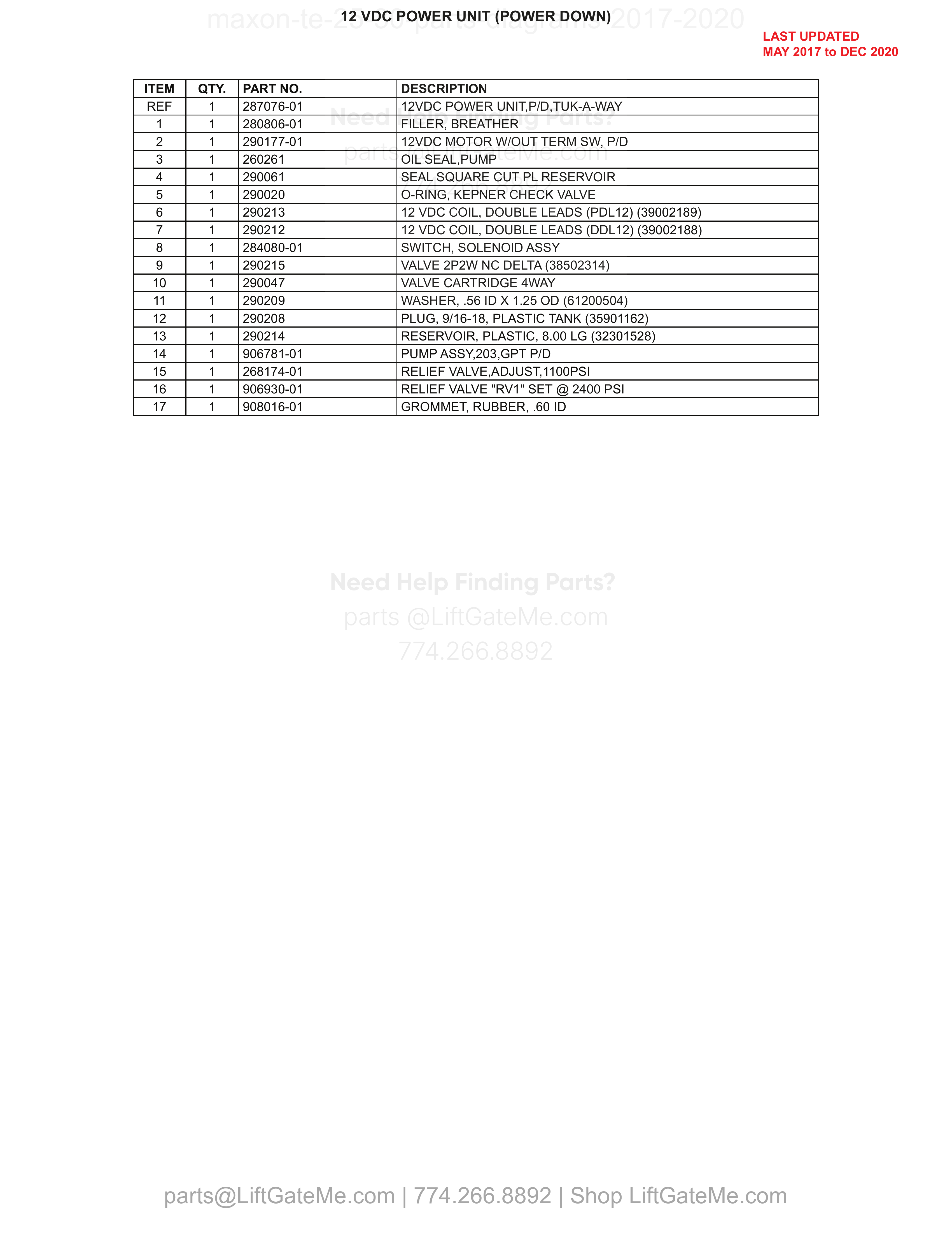 12 VDC POWER UNIT (POWER DOWN) parts table