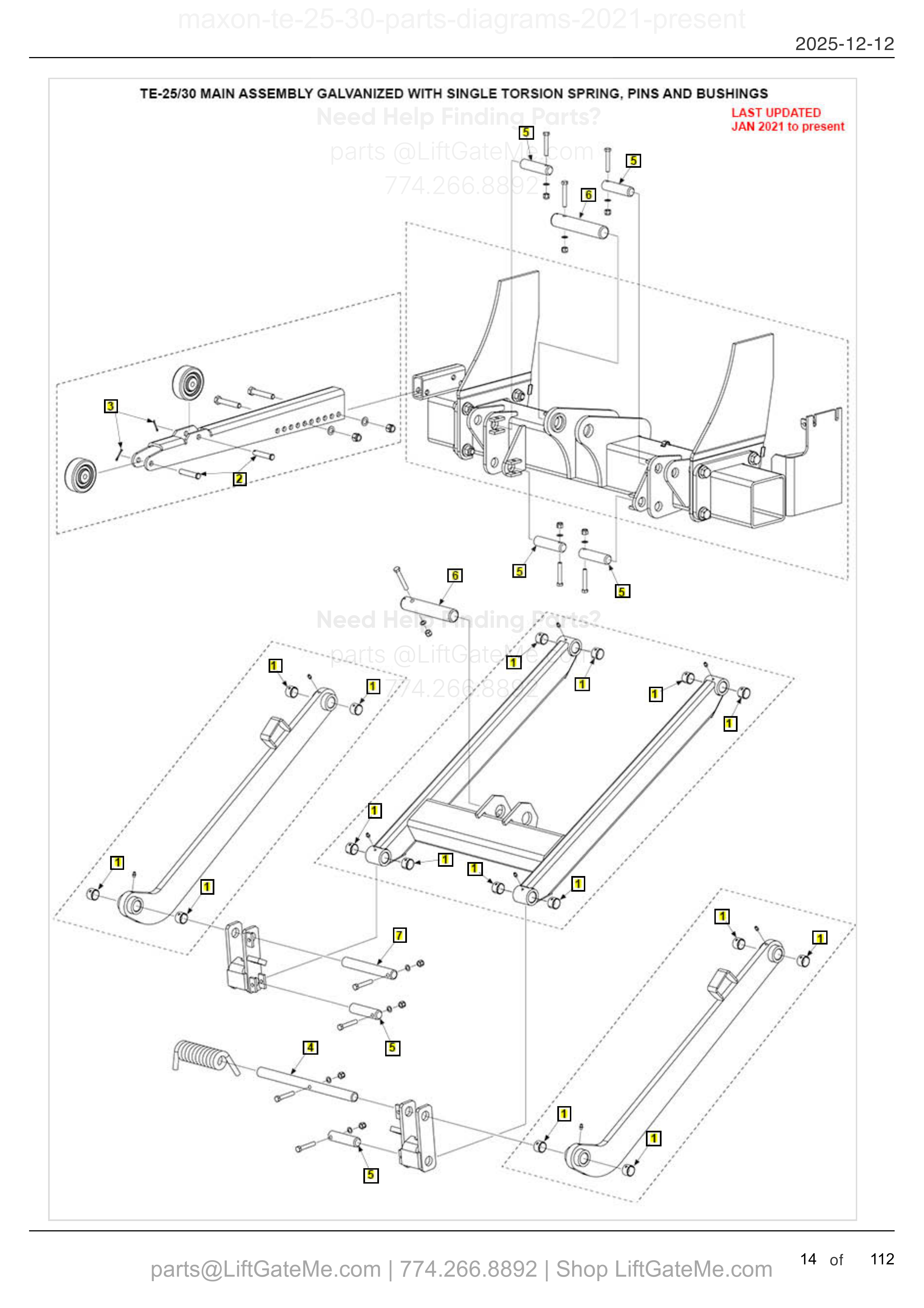 TE-25/30 MAIN ASSEMBLY GALVANIZED WITH SINGLE TORSION SPRING, PINS AND BUSHINGS diagram