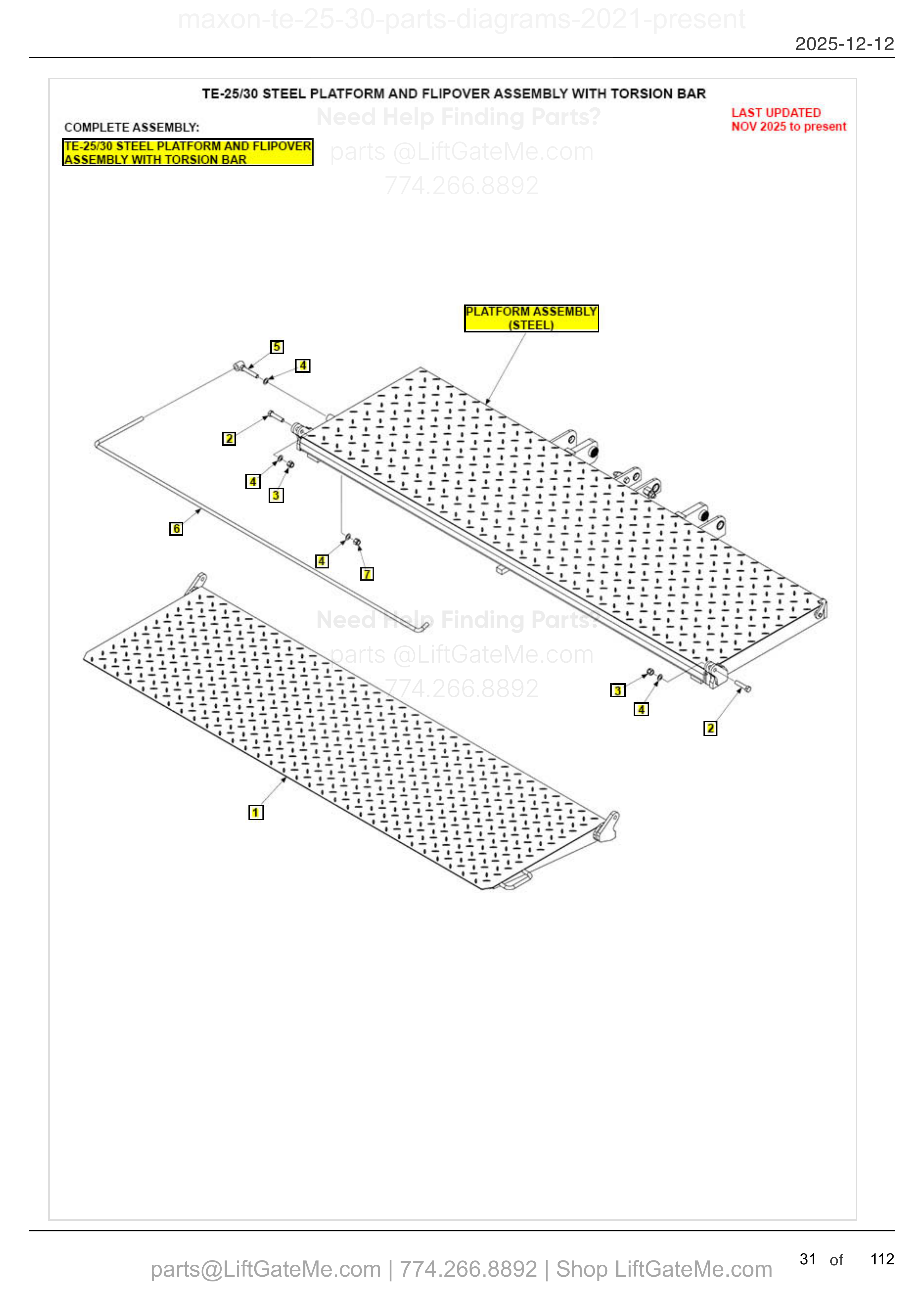 TE-25/30 STEEL PLATFORM AND FLIPOVER ASSEMBLY WITH TORSION BAR diagram
