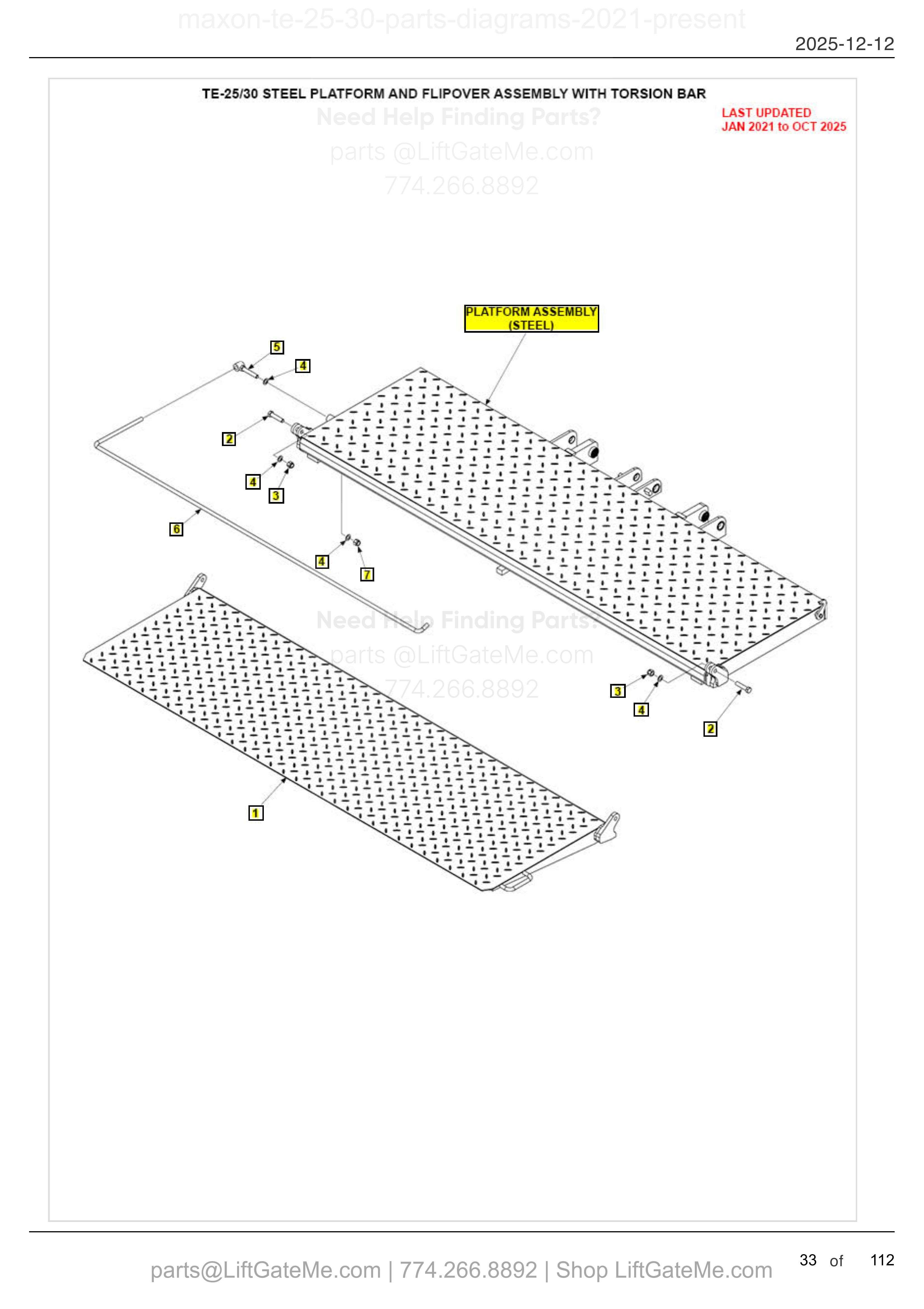 TE-25/30 STEEL PLATFORM AND FLIPOVER ASSEMBLY WITH TORSION BAR diagram