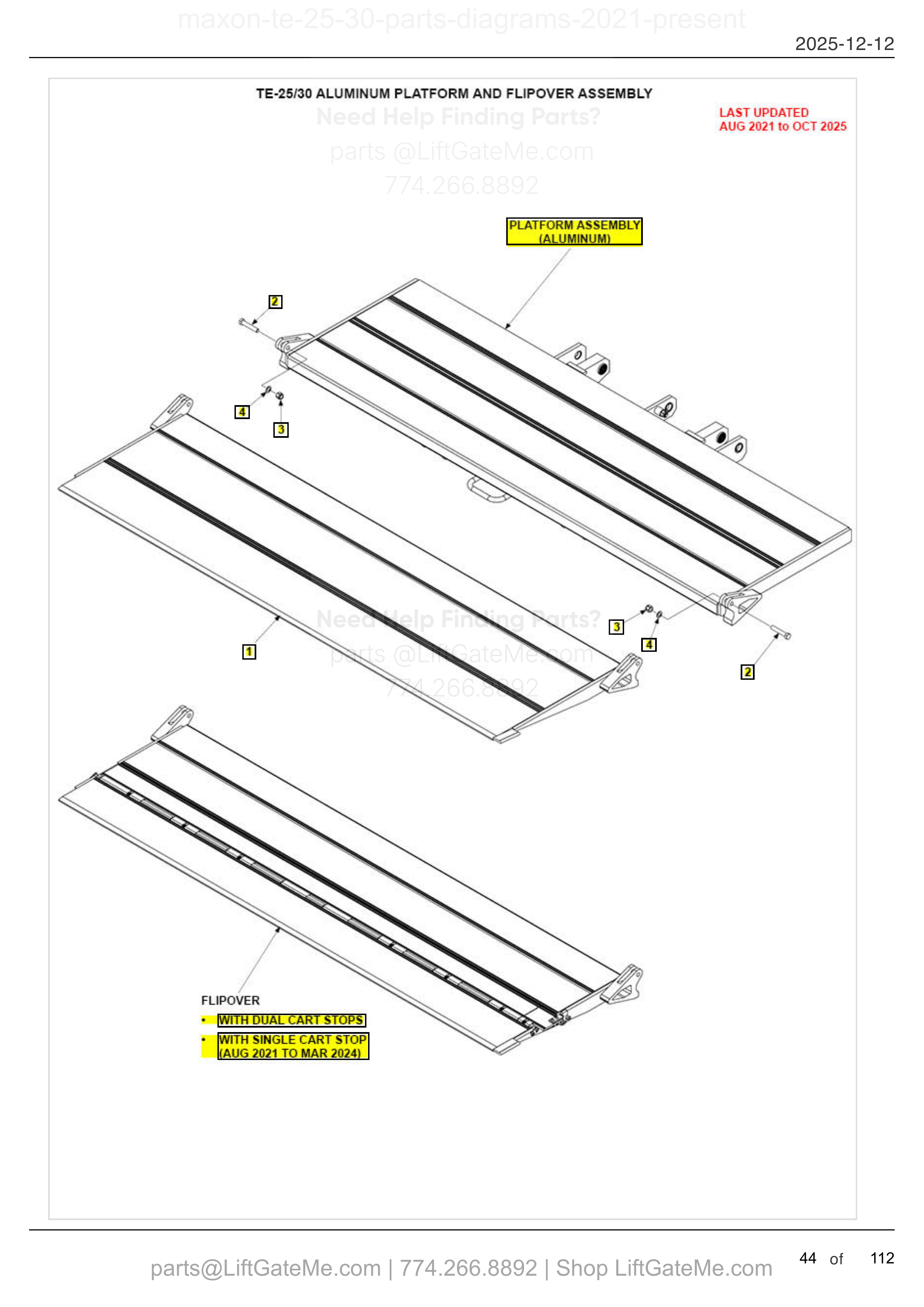 TE-25/30 ALUMINUM PLATFORM AND FLIPOVER ASSEMBLY diagram
