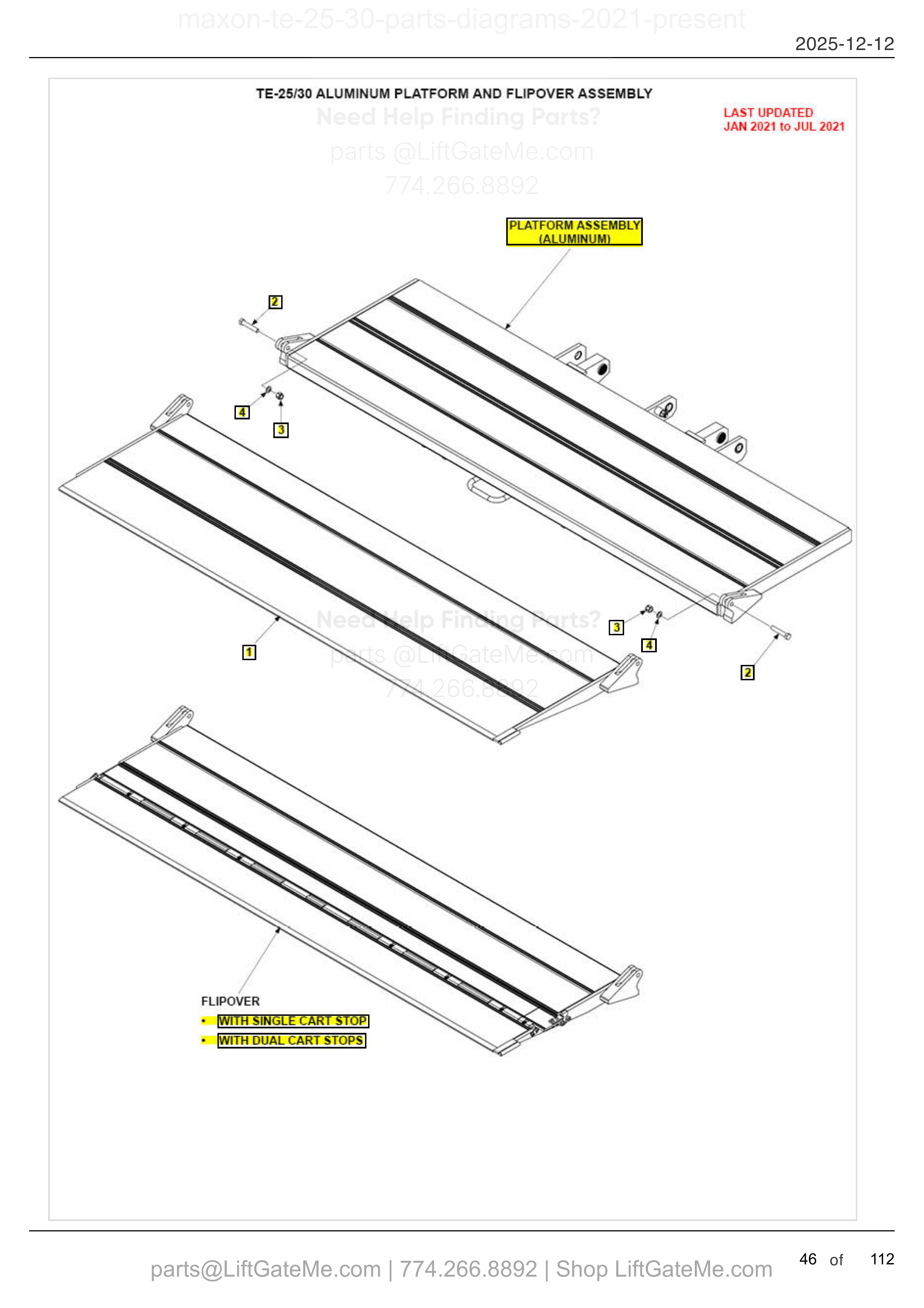 TE-25/30 ALUMINUM PLATFORM AND FLIPOVER ASSEMBLY diagram