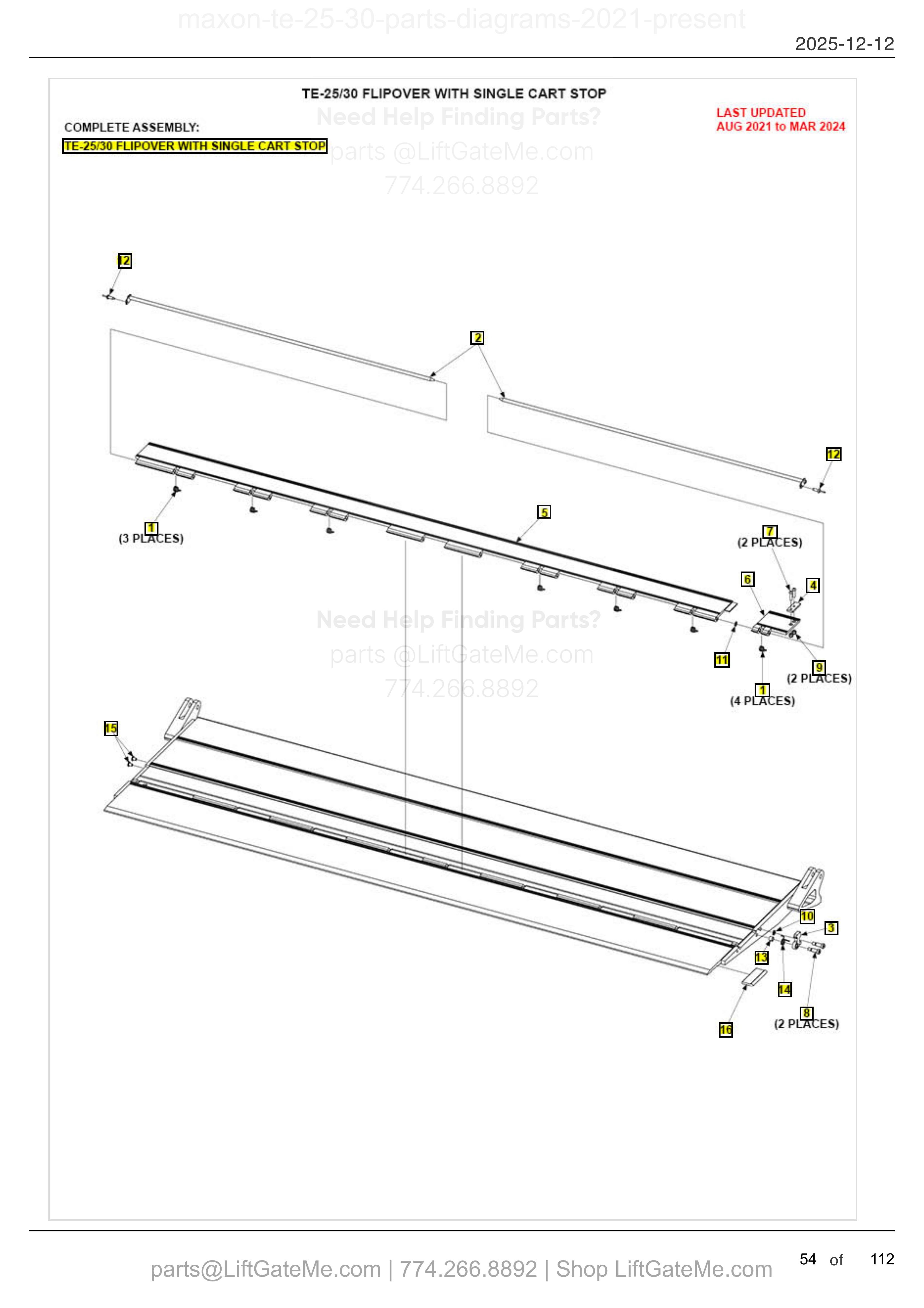 TE-25/30 FLIPOVER WITH SINGLE CART STOP diagram
