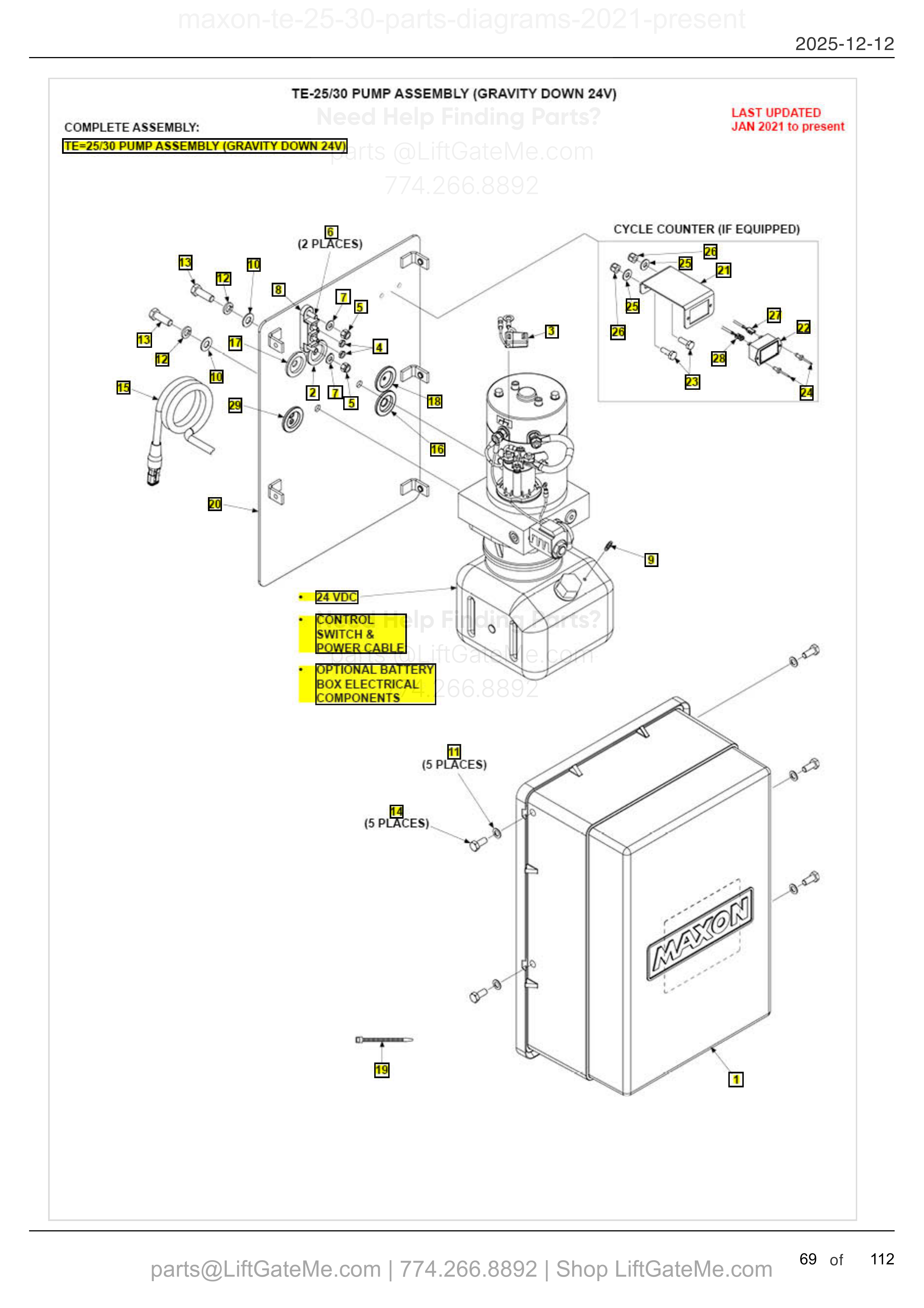 TE-25/30 PUMP ASSEMBLY (GRAVITY DOWN 24V) diagram