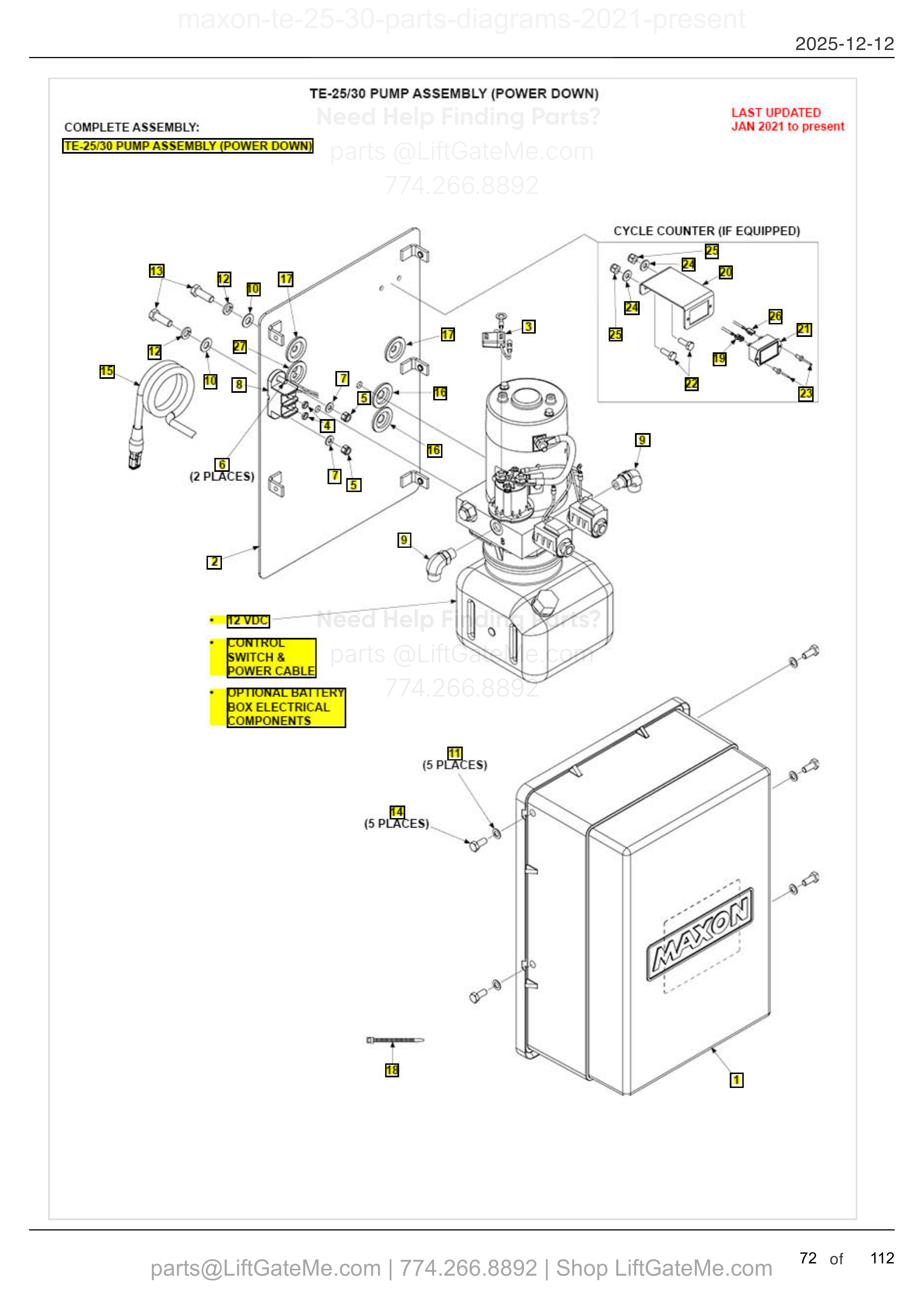 TE-25/30 PUMP ASSEMBLY (POWER DOWN) diagram