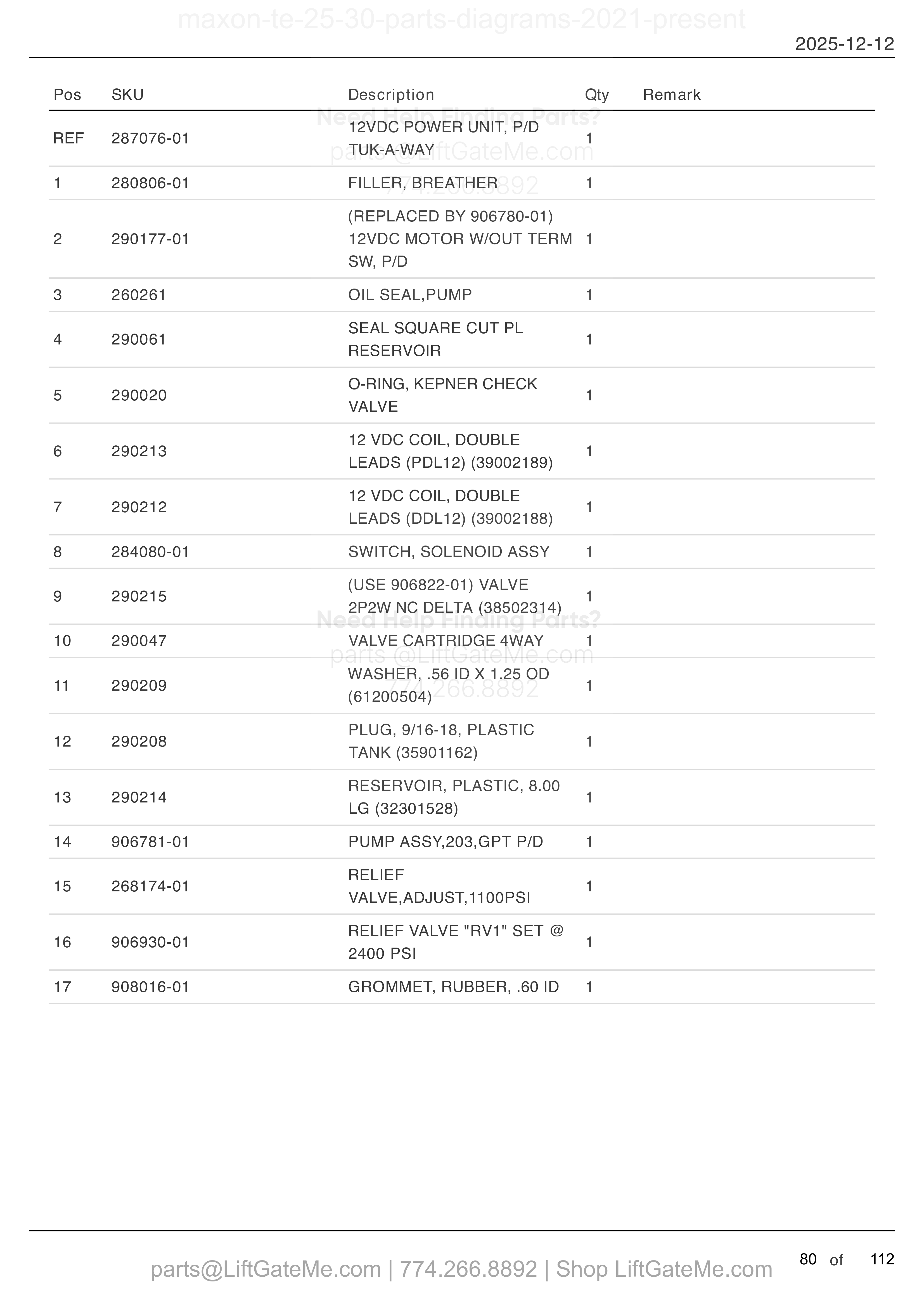 TE-25/30 12 VDC POWER UNIT (POWER DOWN) parts table