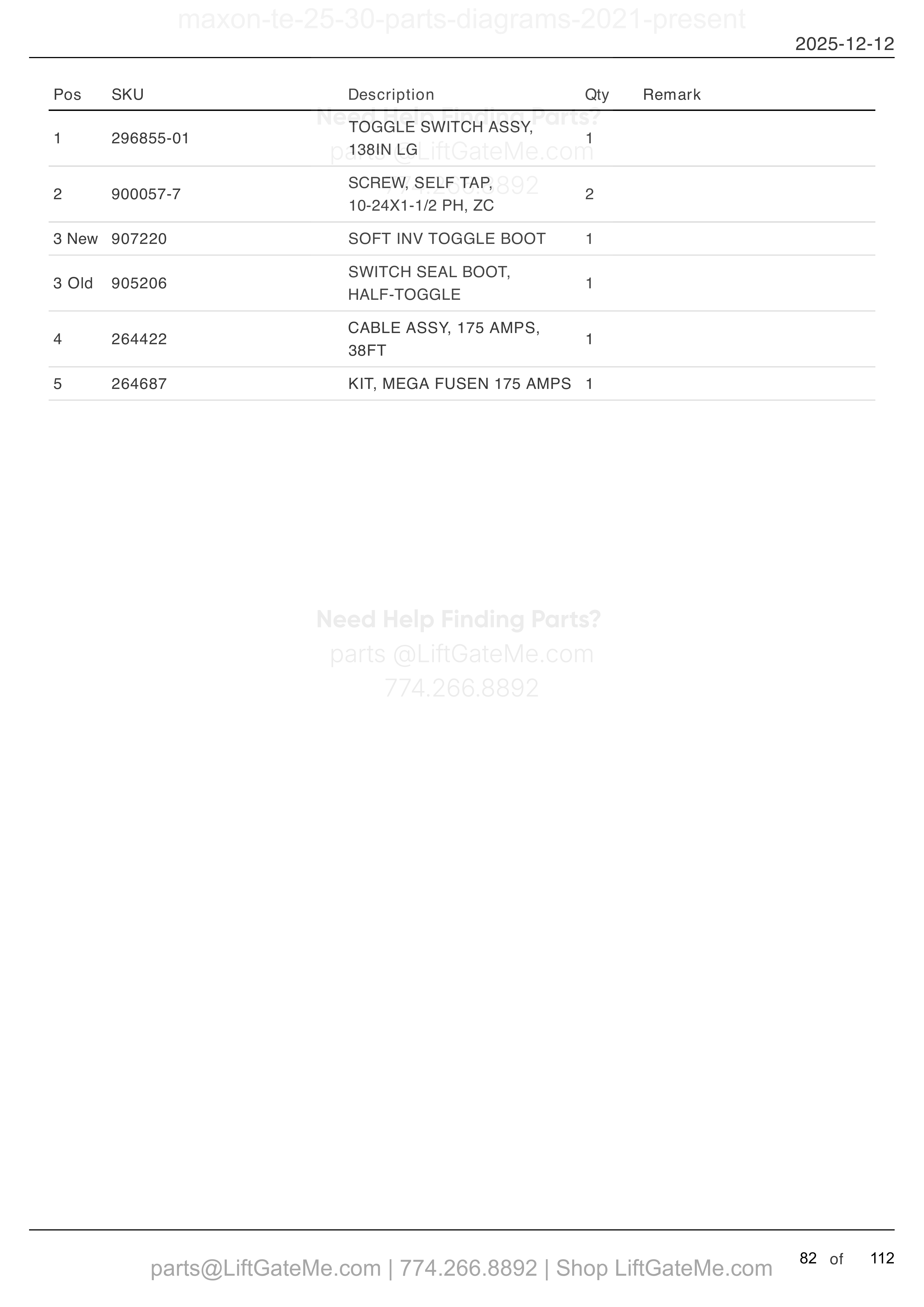 CONTROL SWITCH AND POWER CABLE parts table