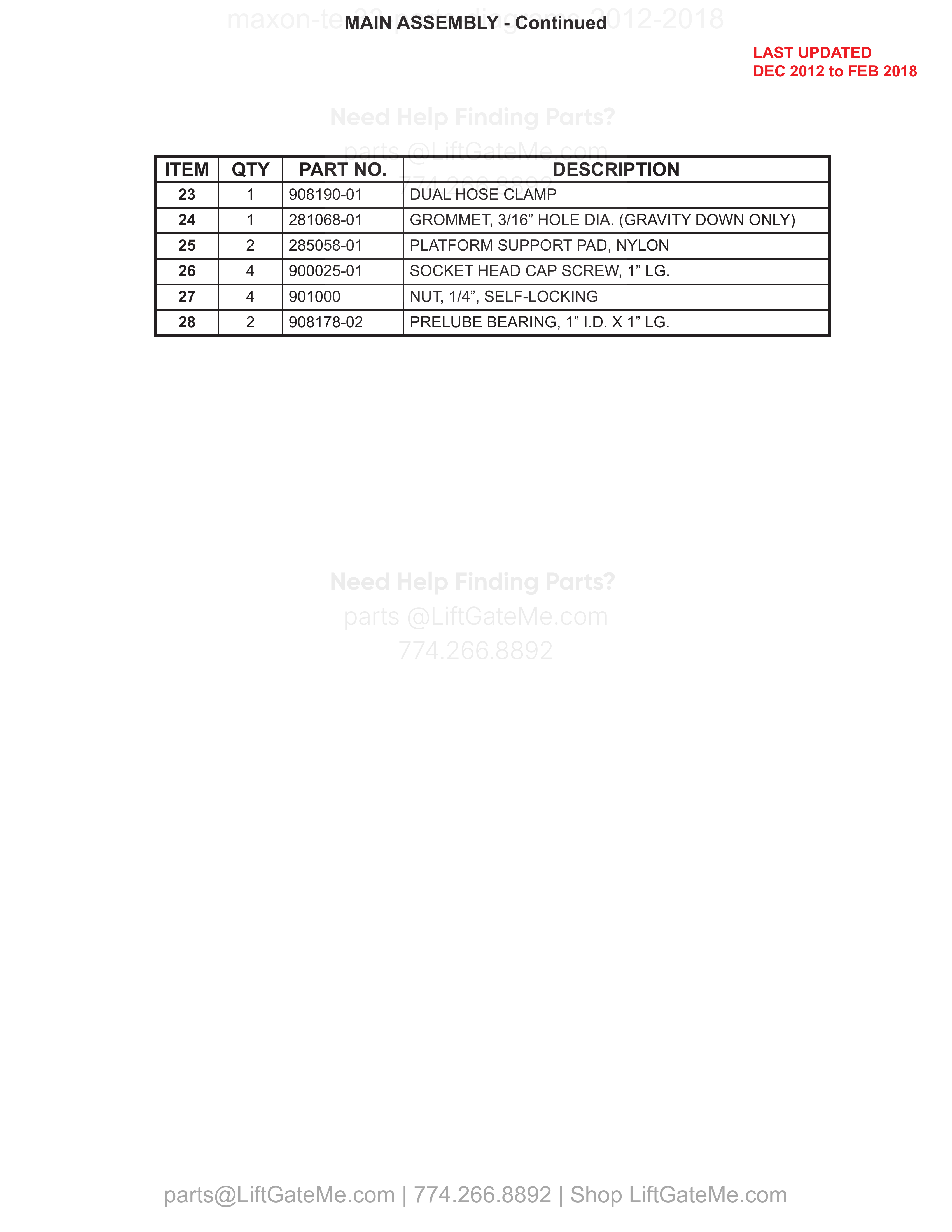 MAIN ASSEMBLY - Continued parts table