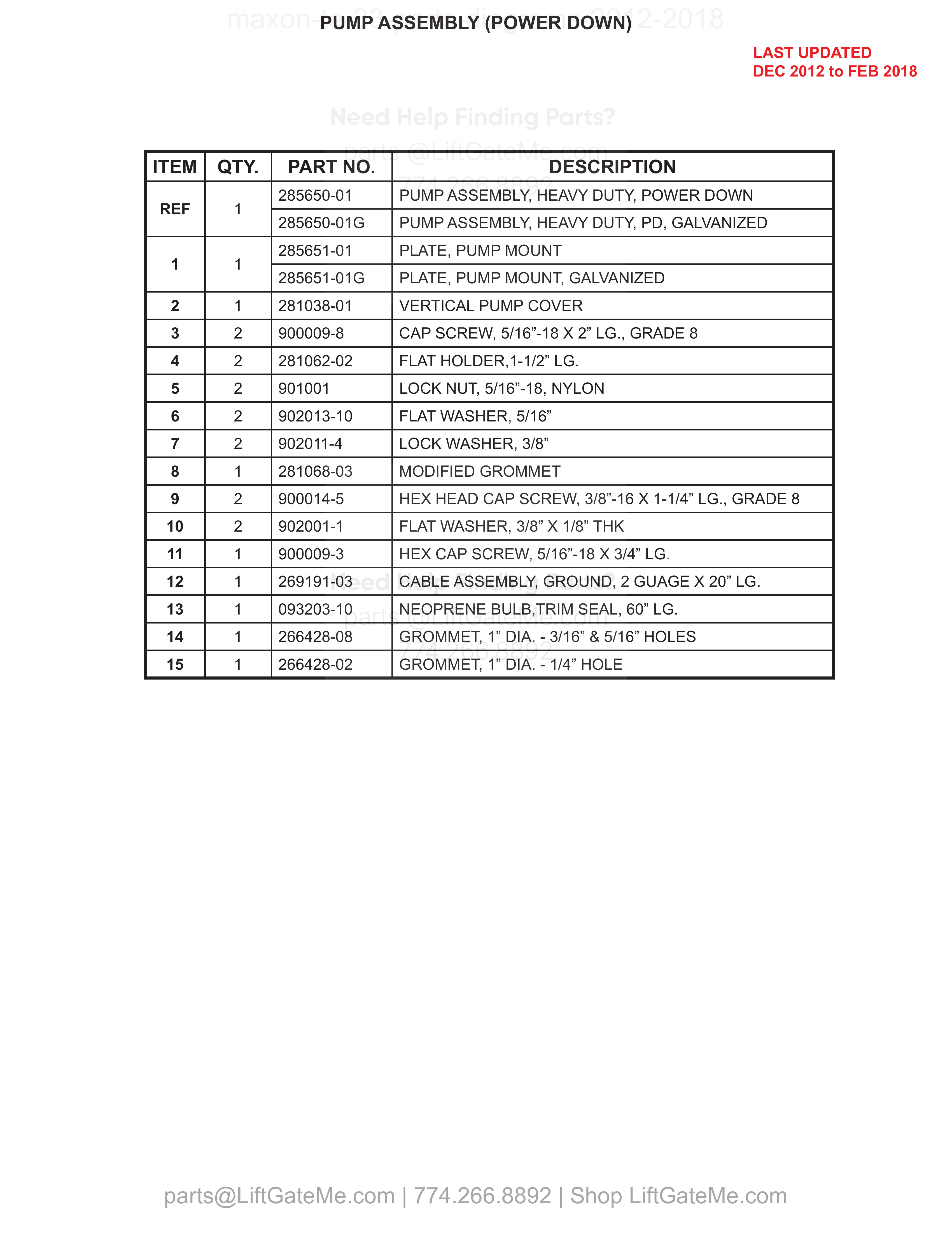PUMP ASSEMBLY (POWER DOWN) parts table