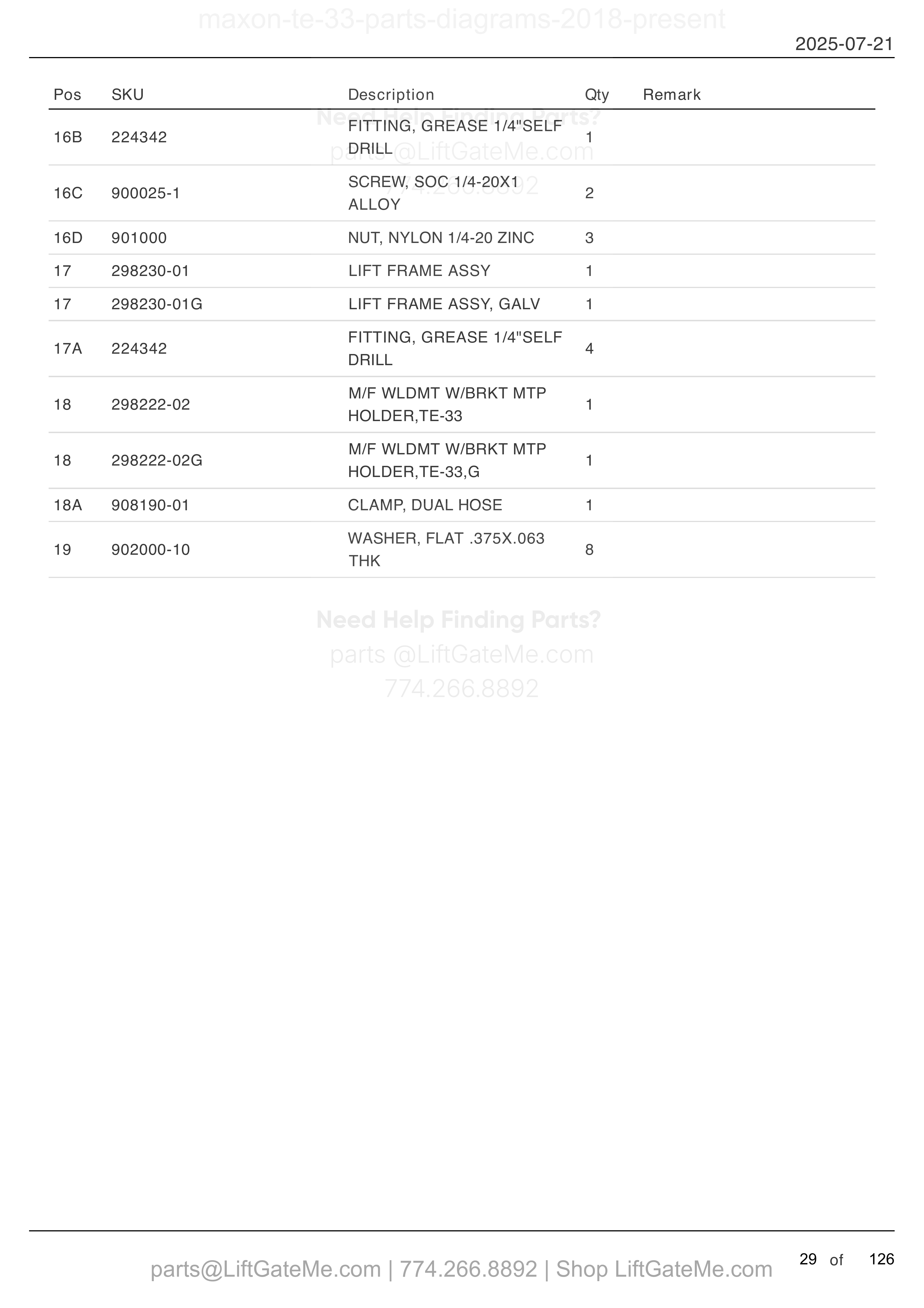 MAIN ASSEMBLY (WELD) (continued) parts table