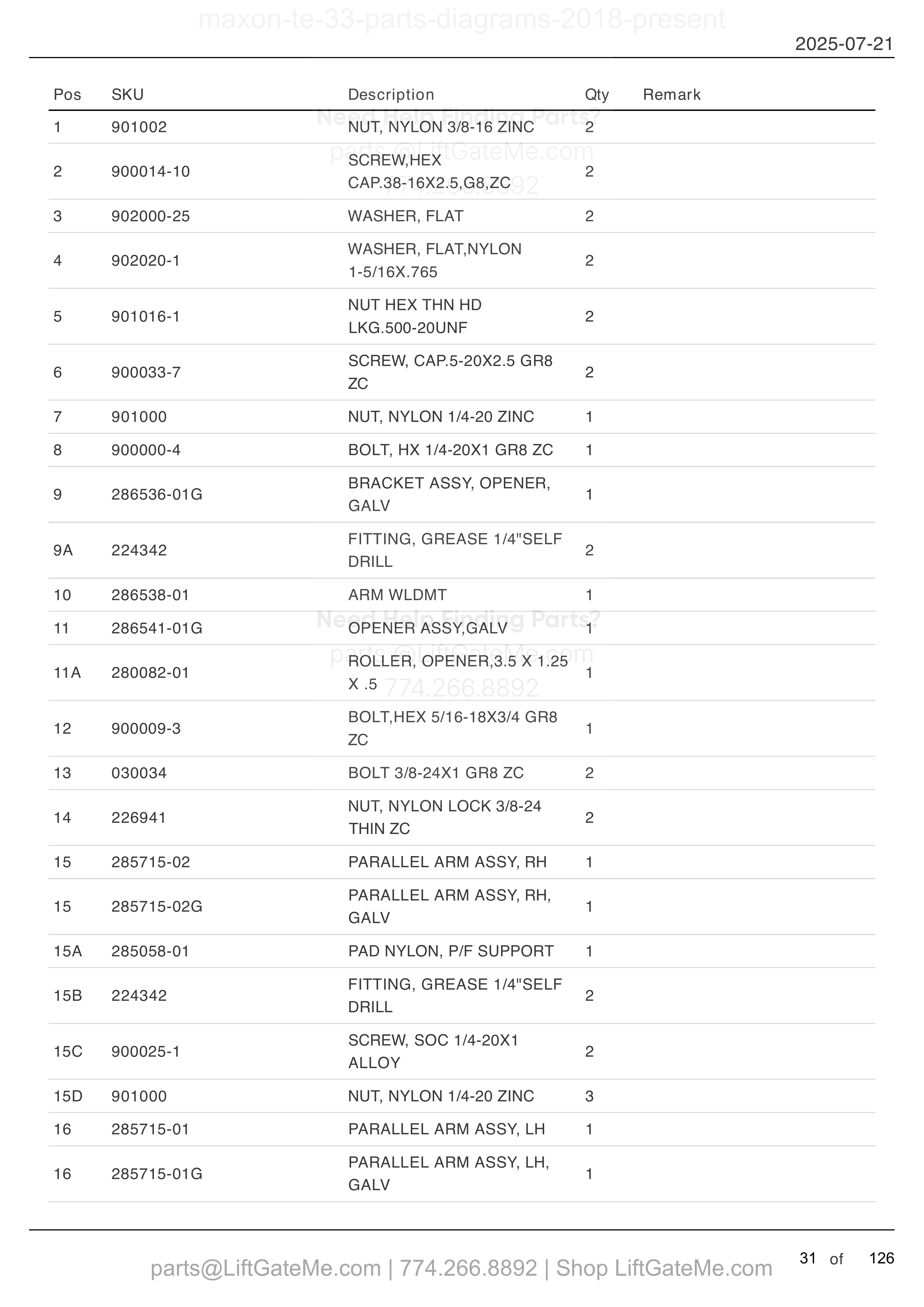 MAIN ASSEMBLY (WELD) parts table