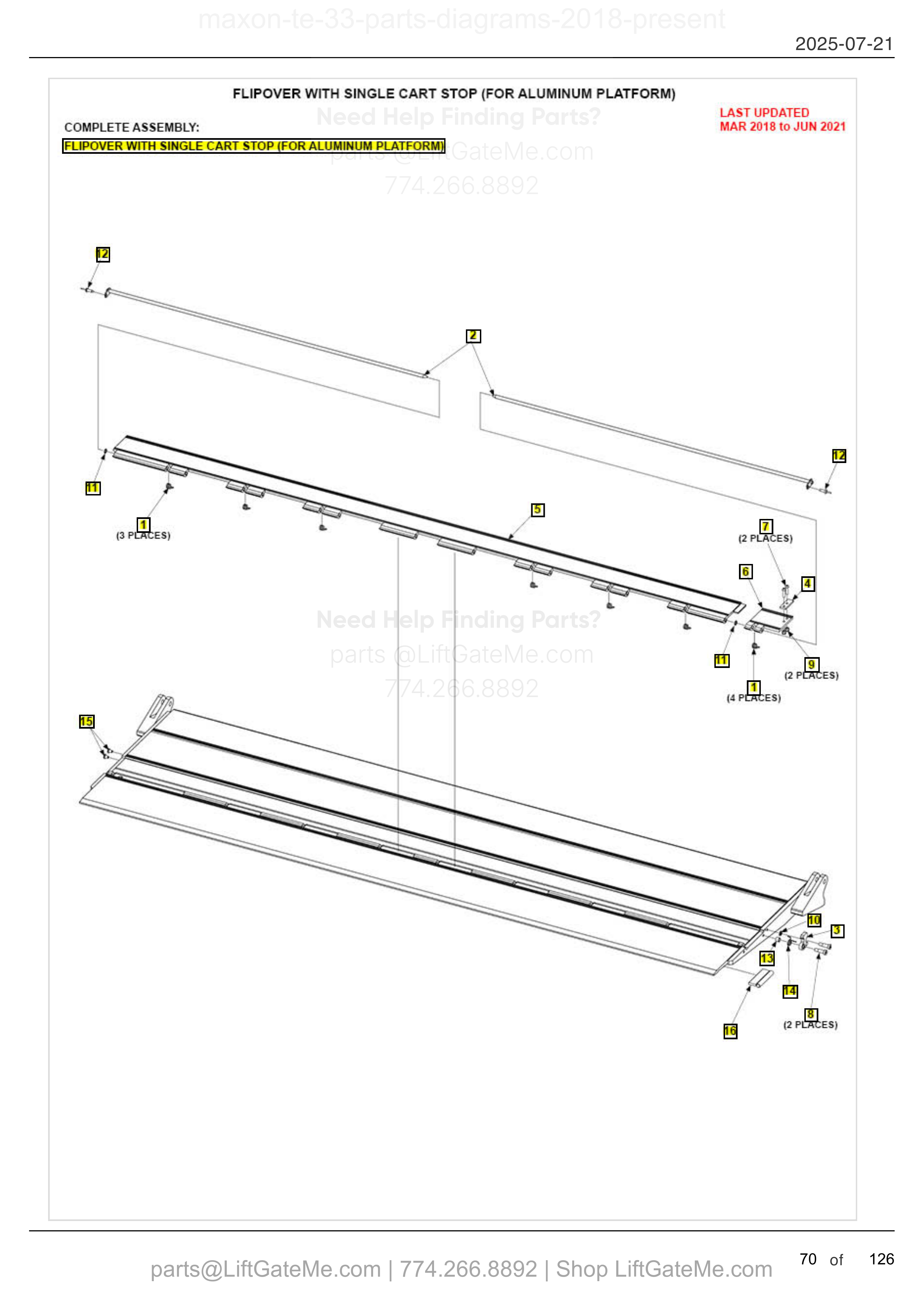 FLIPOVER WITH SINGLE CART STOP (FOR ALUMINUM PLATFORM) diagram