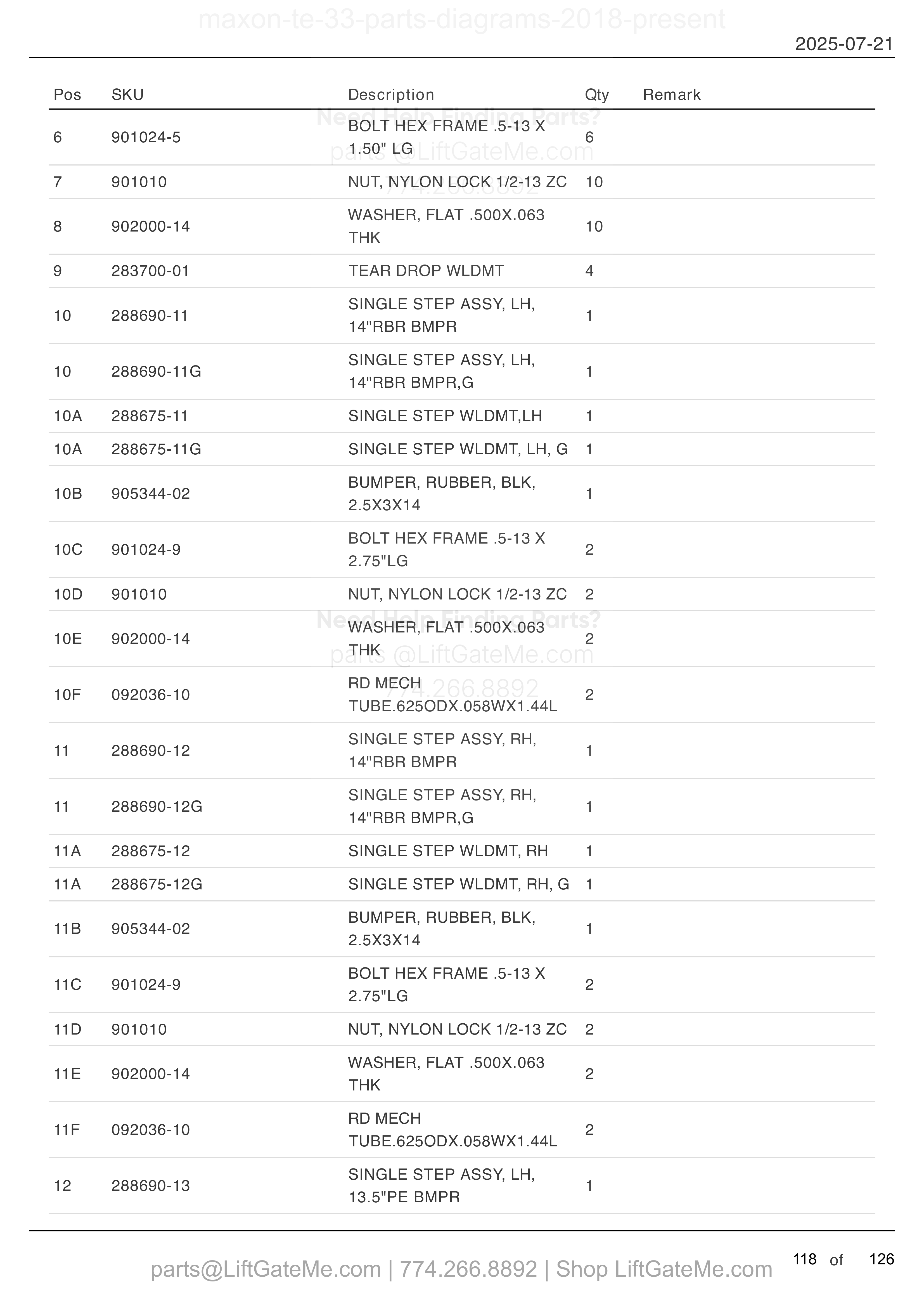 SINGLE STEP KITS (continued) parts table