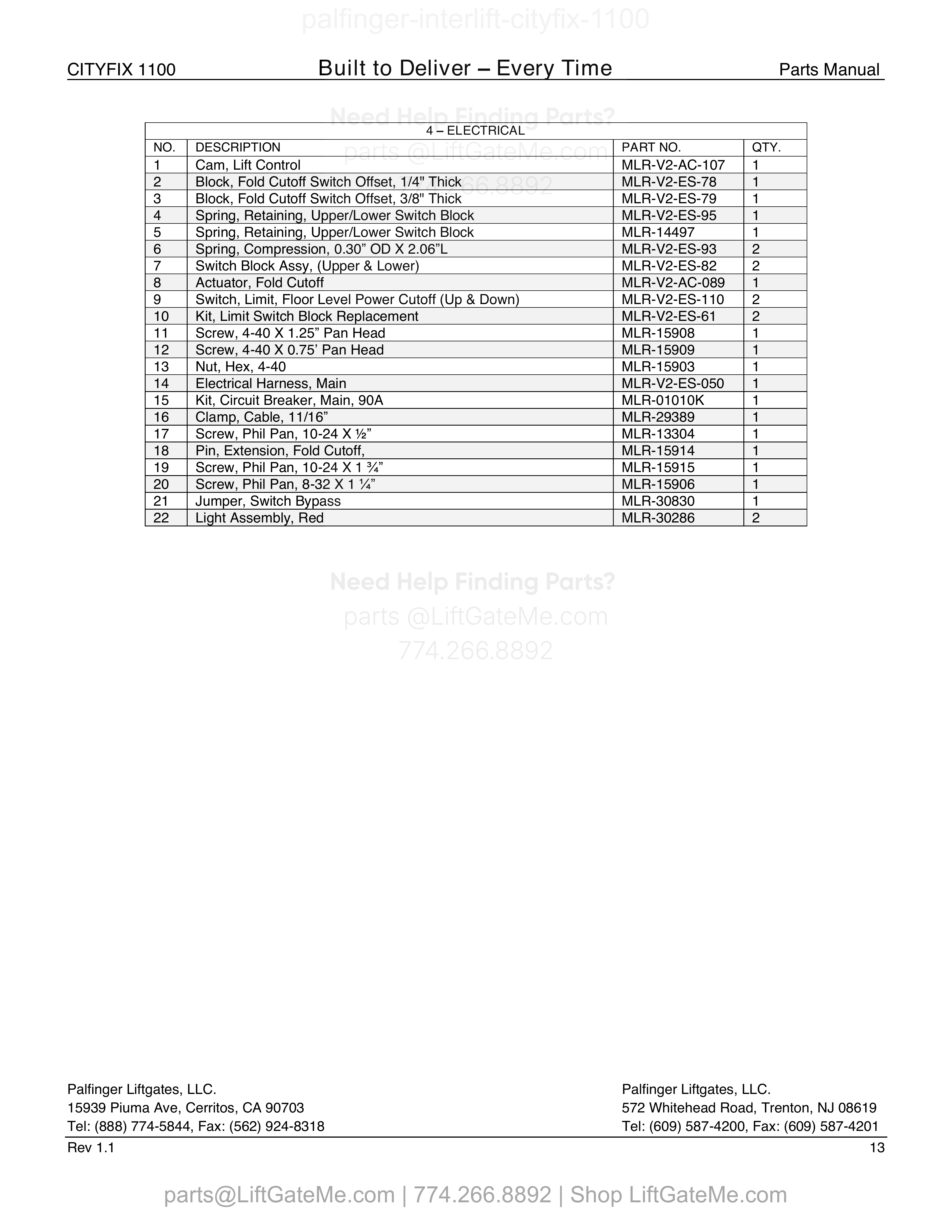 4 – Electrical parts table