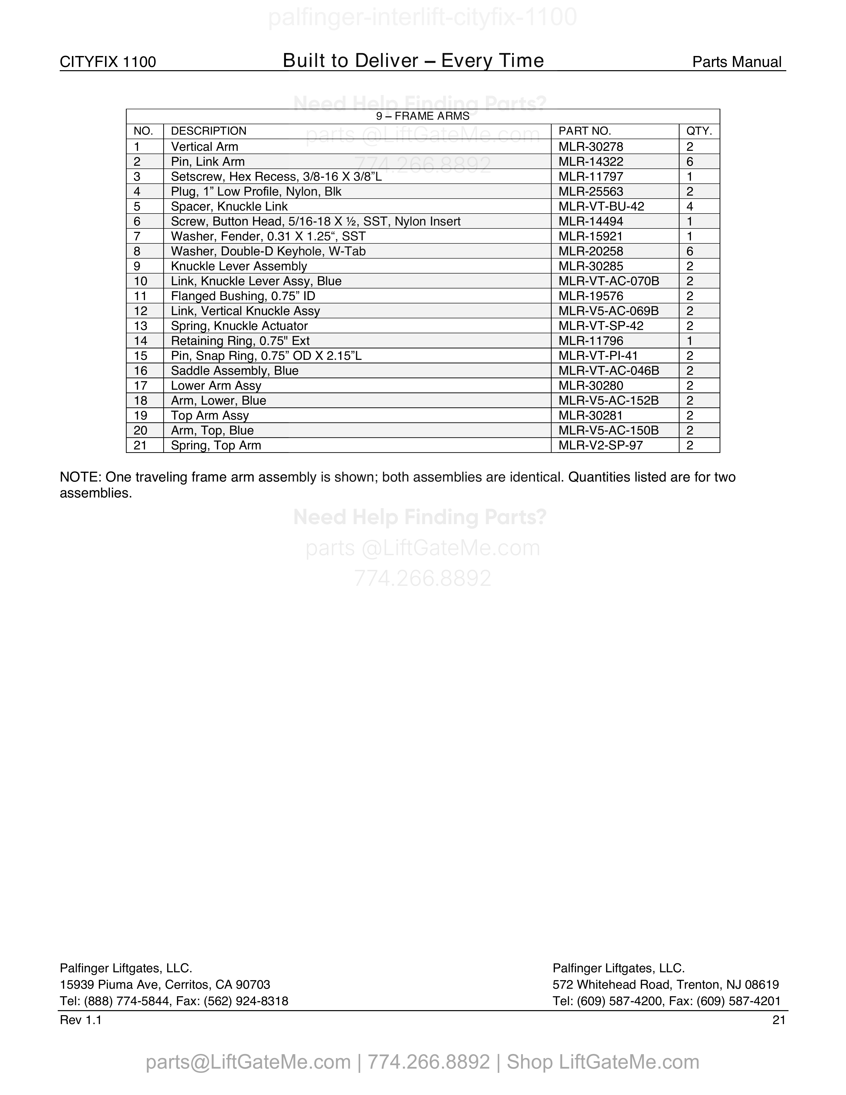 9 – FRAME ARMS parts table